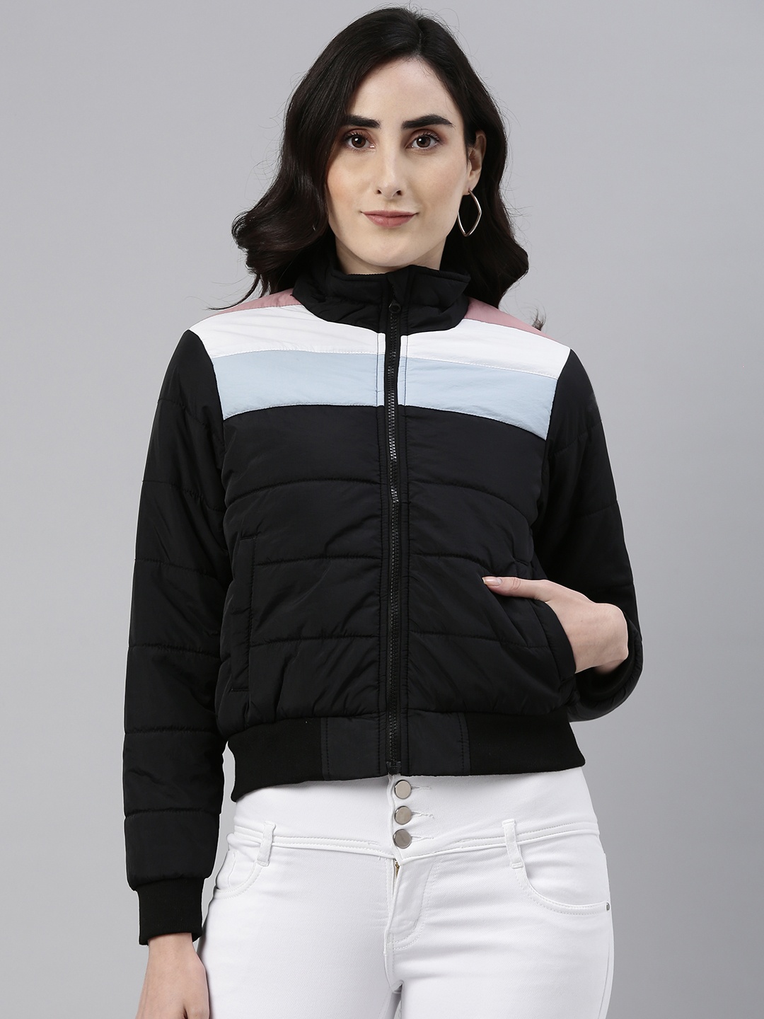 

Campus Sutra Women Black & White Colourblocked Windcheater Bomber Jacket