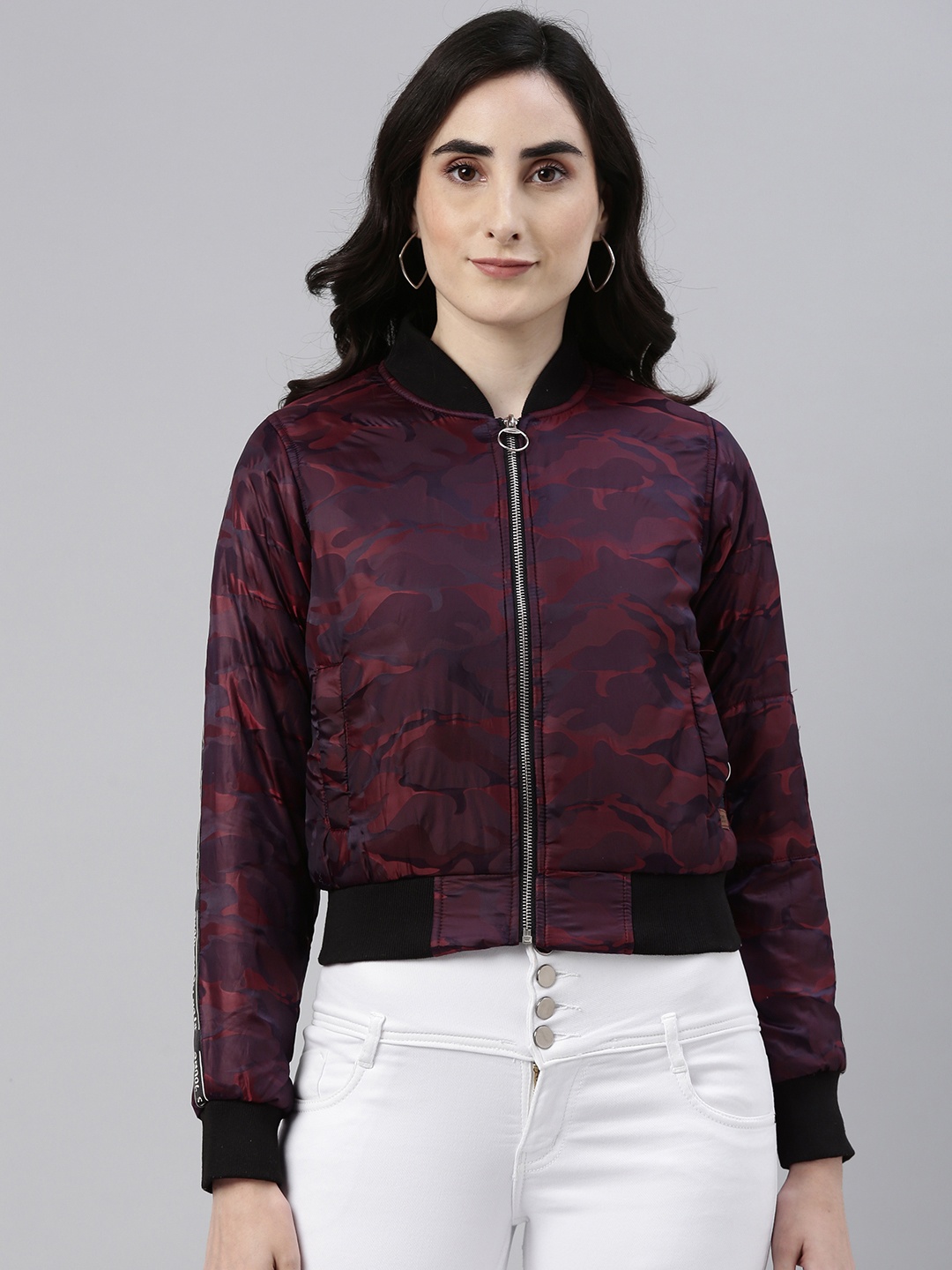 

Campus Sutra Women Maroon & Purple Camouflage Windcheater Bomber Jacket