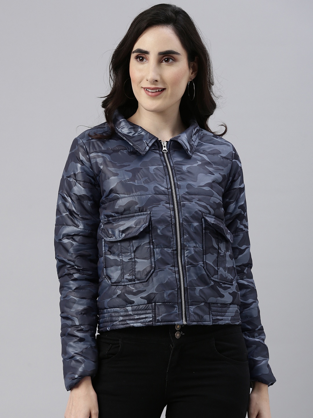 

Campus Sutra Women Blue Camouflage Windcheater Outdoor Padded Jacket