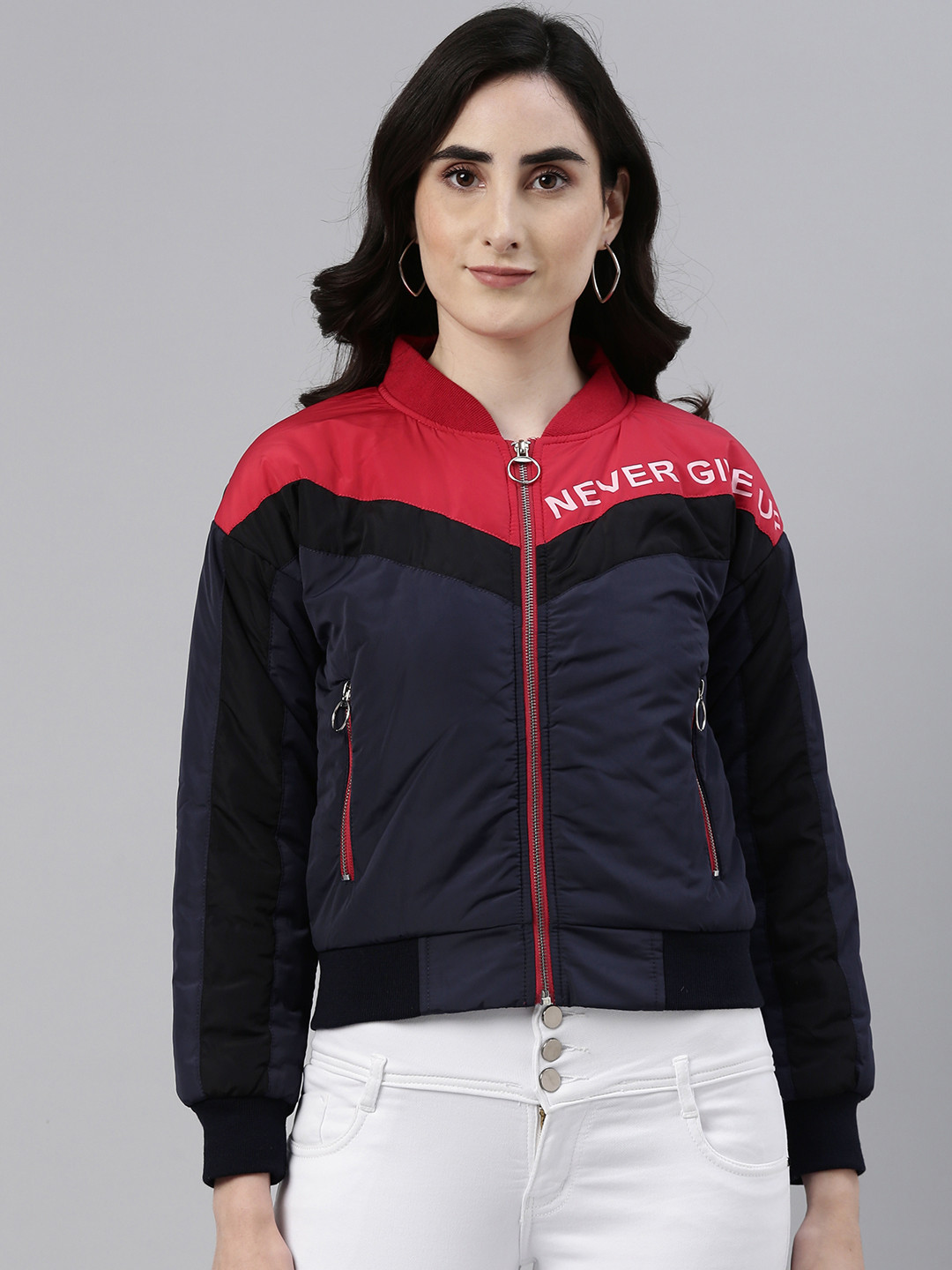 

Campus Sutra Women Navy Blue & Red Colourblocked Windcheater Bomber Jacket