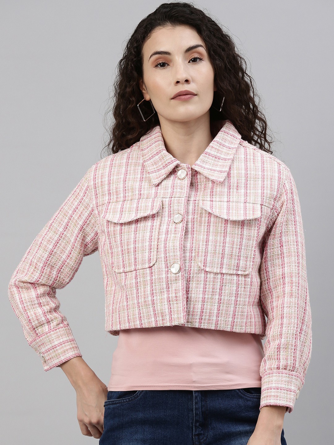 

Campus Sutra Women Pink & White Comfort Fit Checked Single-Breasted Cropped Casual Blazer
