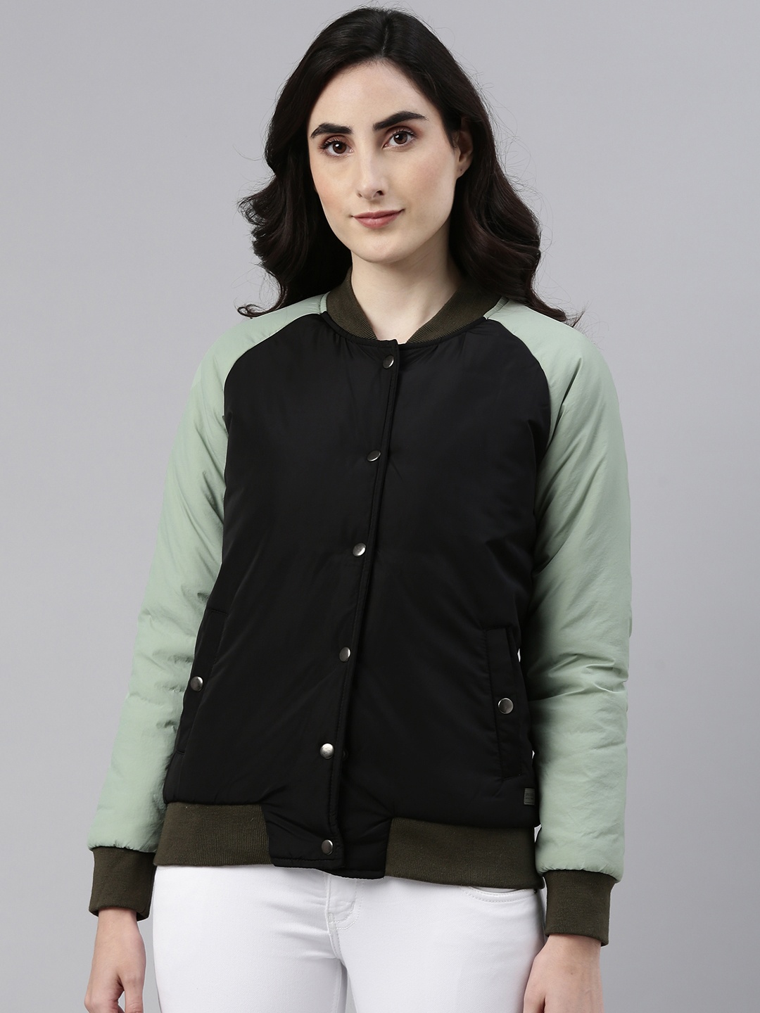 

Campus Sutra Women Black & Green Colourblocked Windcheater Outdoor Bomber Jacket