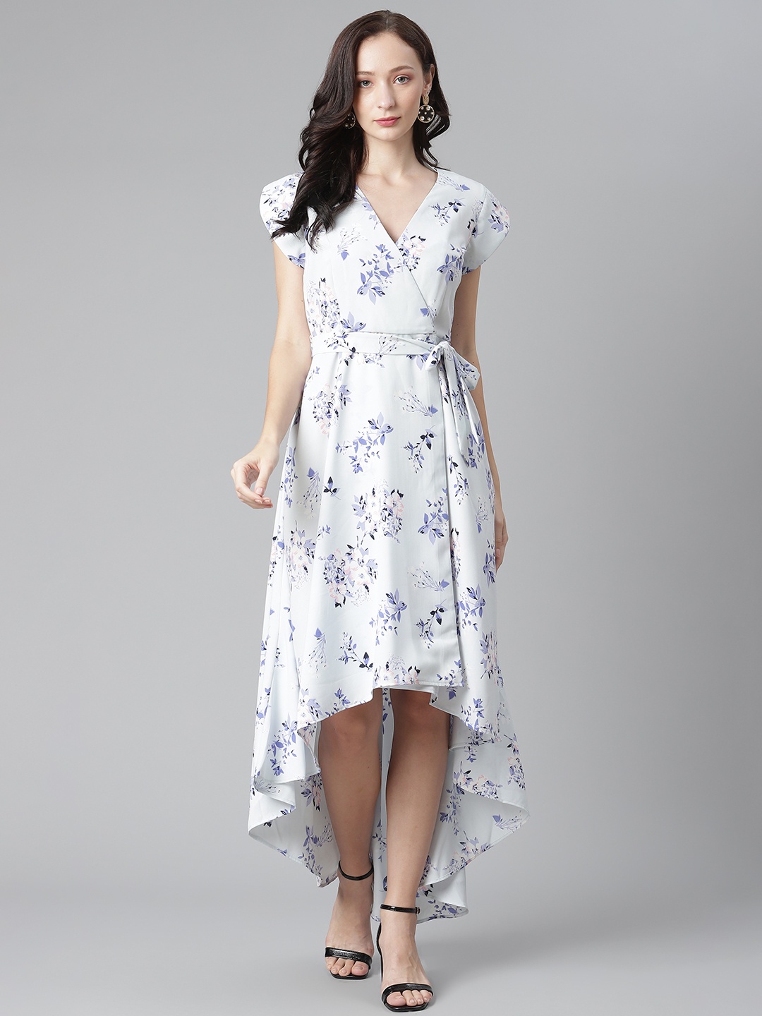 

Purple State Blue & White Floral Print Wrap Midi Dress