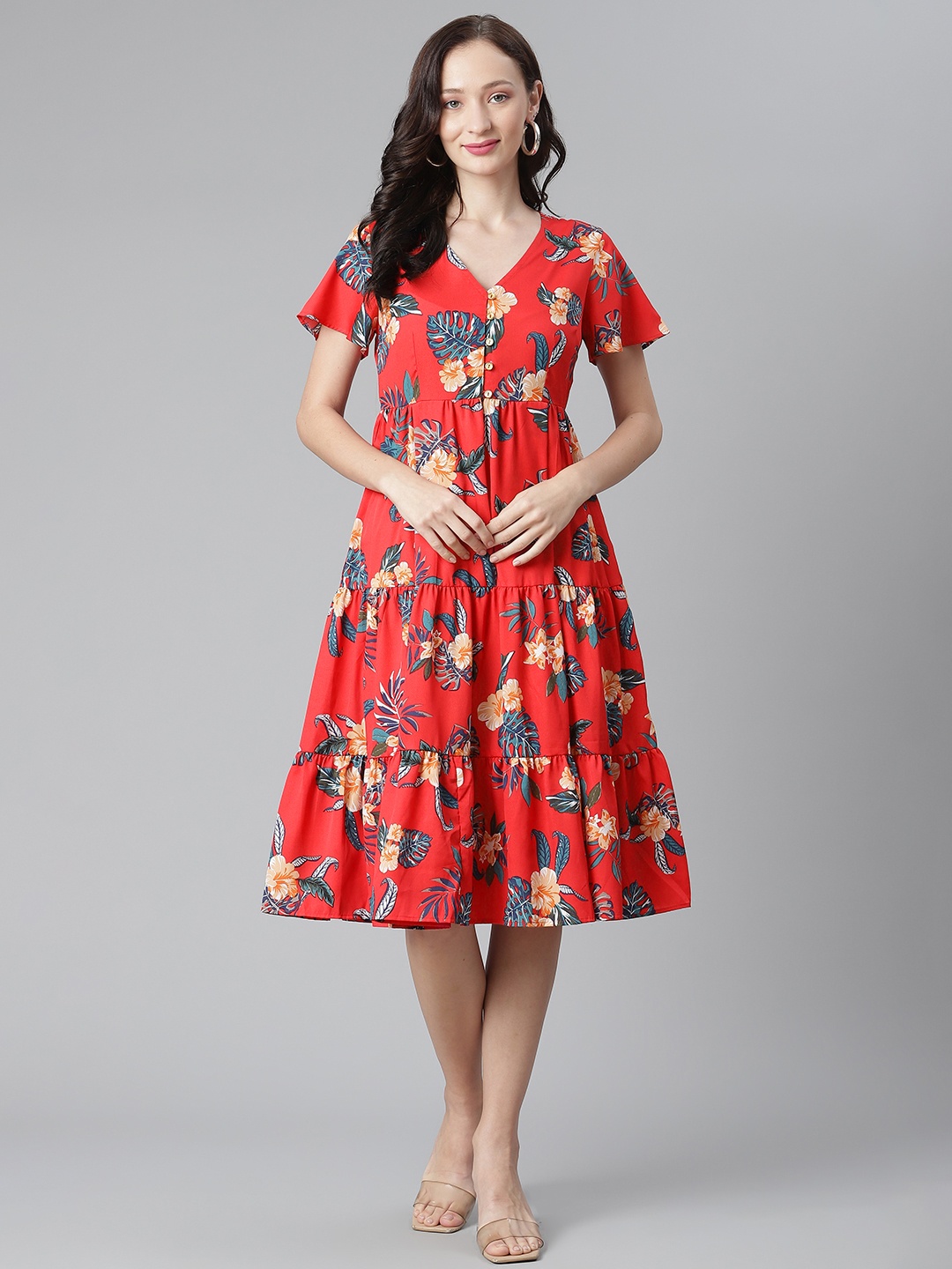 

Purple State Red & Blue Floral Tiered A-Line Midi Dress