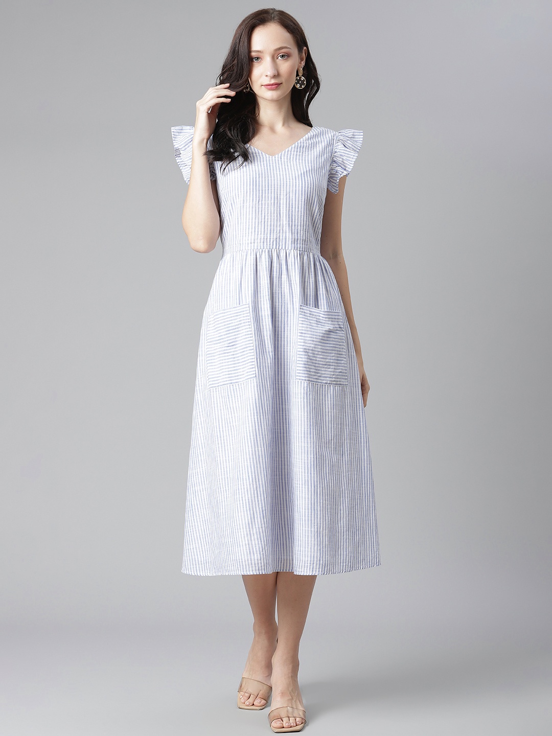 

Purple State Blue & White Striped Cotton A-Line Dress