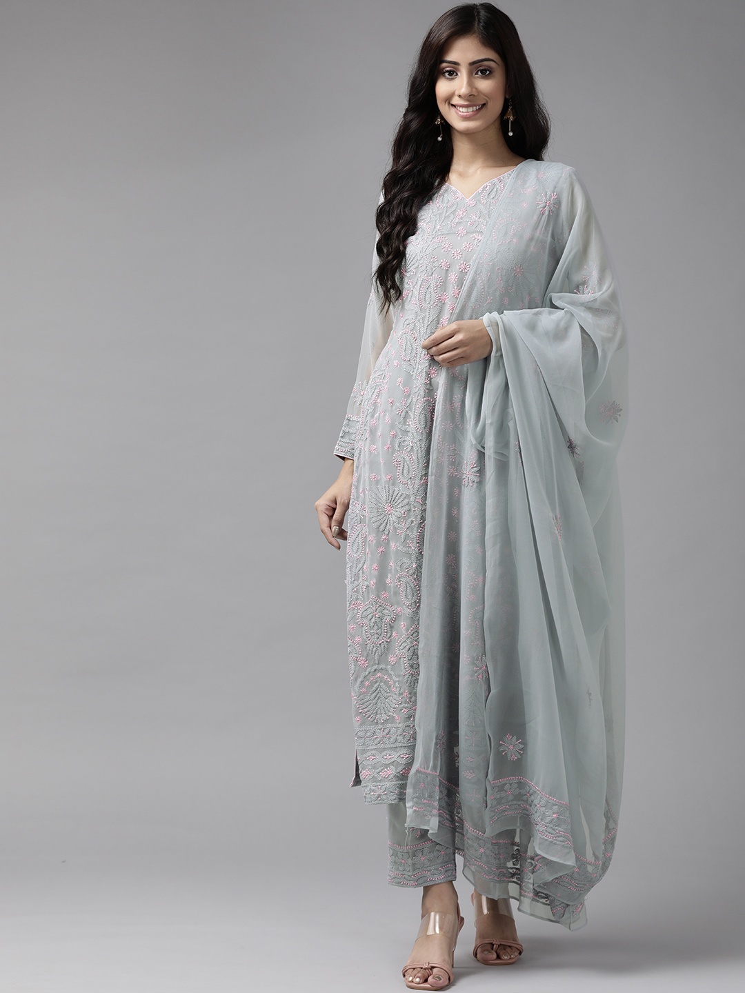 

ADA Sustainable Grey & Pink Chikankari Hand Embroidered Unstitched Dress Material