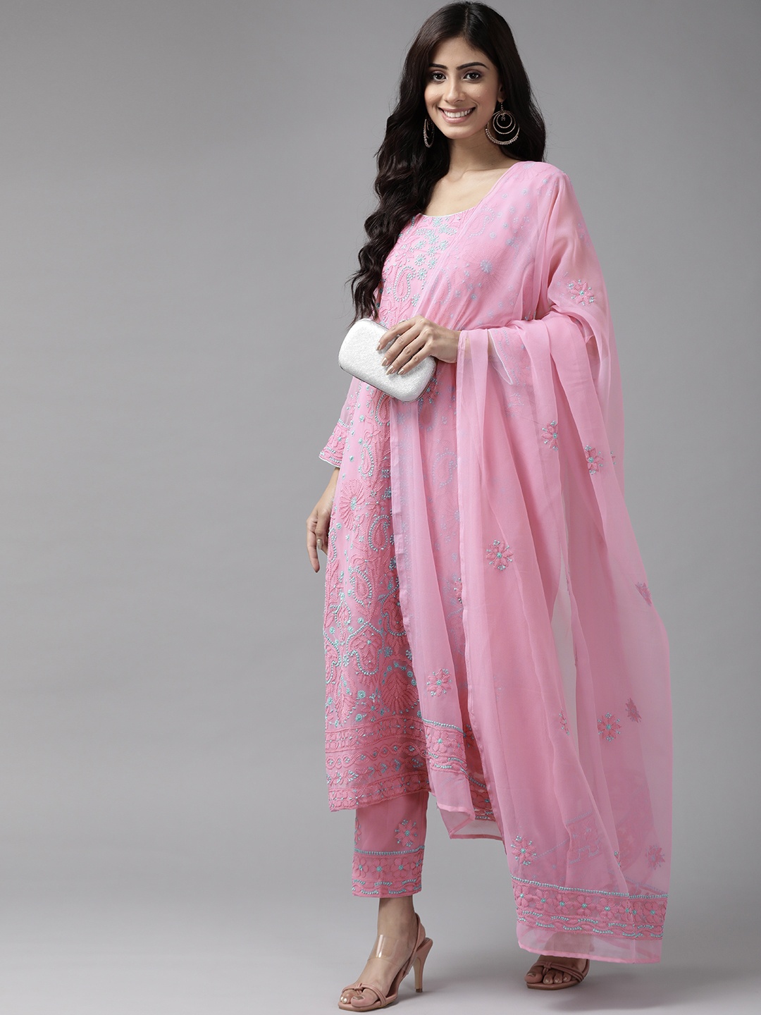 

ADA Sustainable Pink & Blue Chikankari Hand Embroidered Unstitched Dress Material