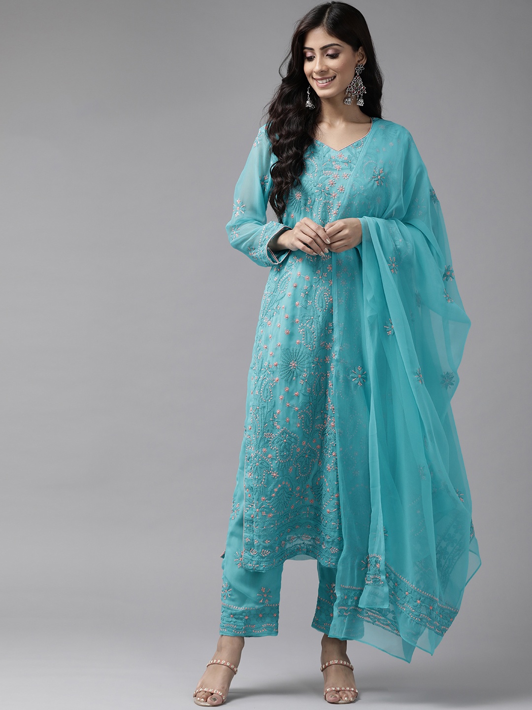 

ADA Sustainable Green & Pink Chikankari Hand Embroidered Unstitched Dress Material