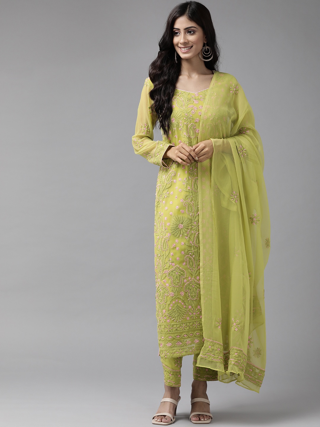 

ADA Sustainable Green & Pink Chikankari Hand Embroidered Unstitched Dress Material