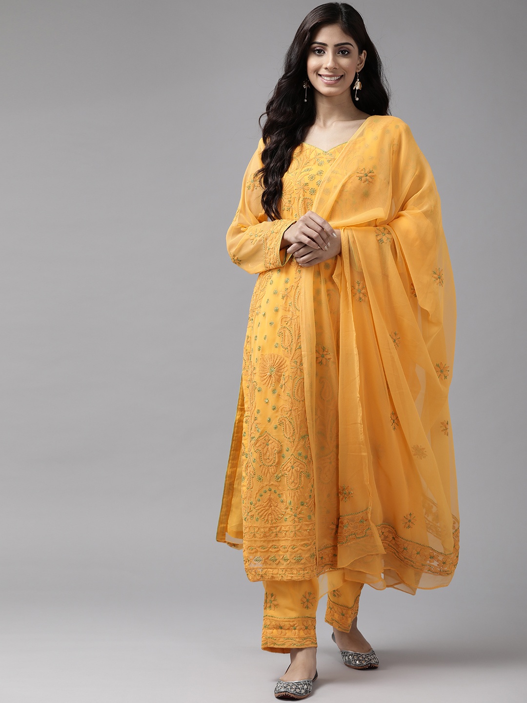 

ADA Sustainable Mustard Yellow Chikankari Hand Embroidered Unstitched Dress Material