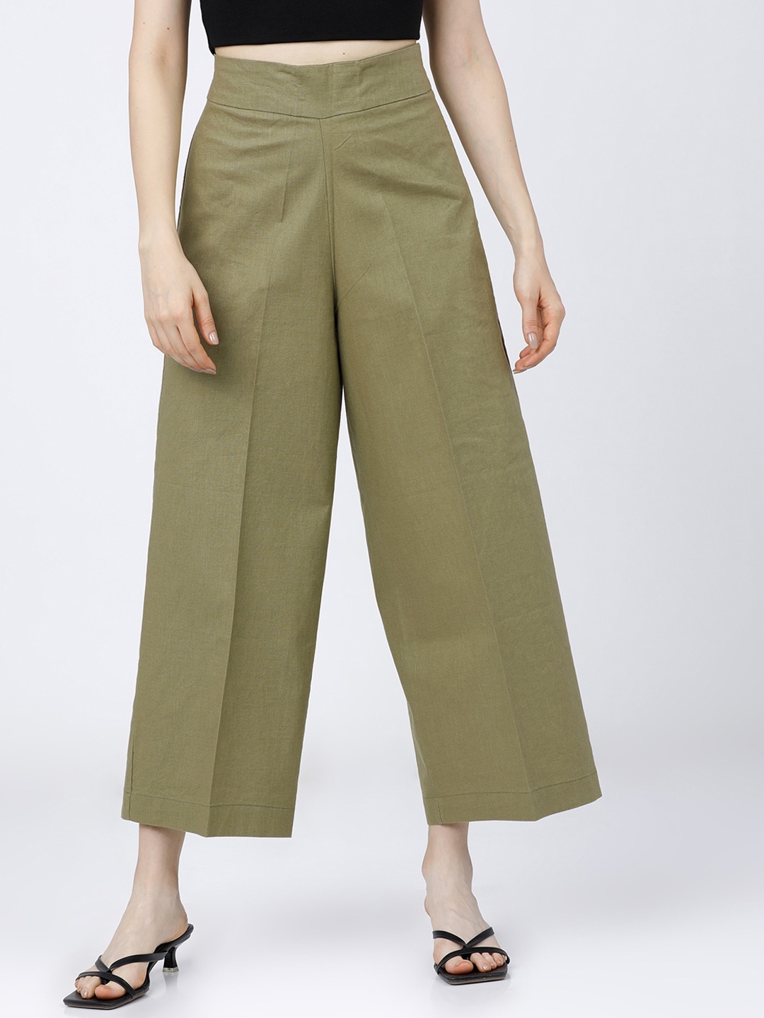 

Tokyo Talkies Women Olive Green Flared Parallel Trousers