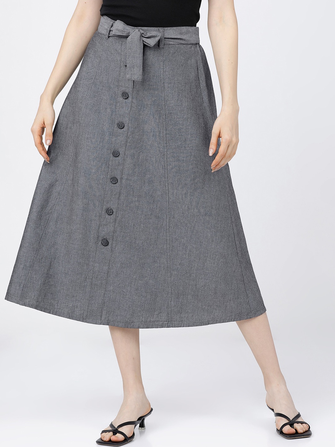 

Tokyo Talkies Grey Pure Cotton A-Line Midi Skirt