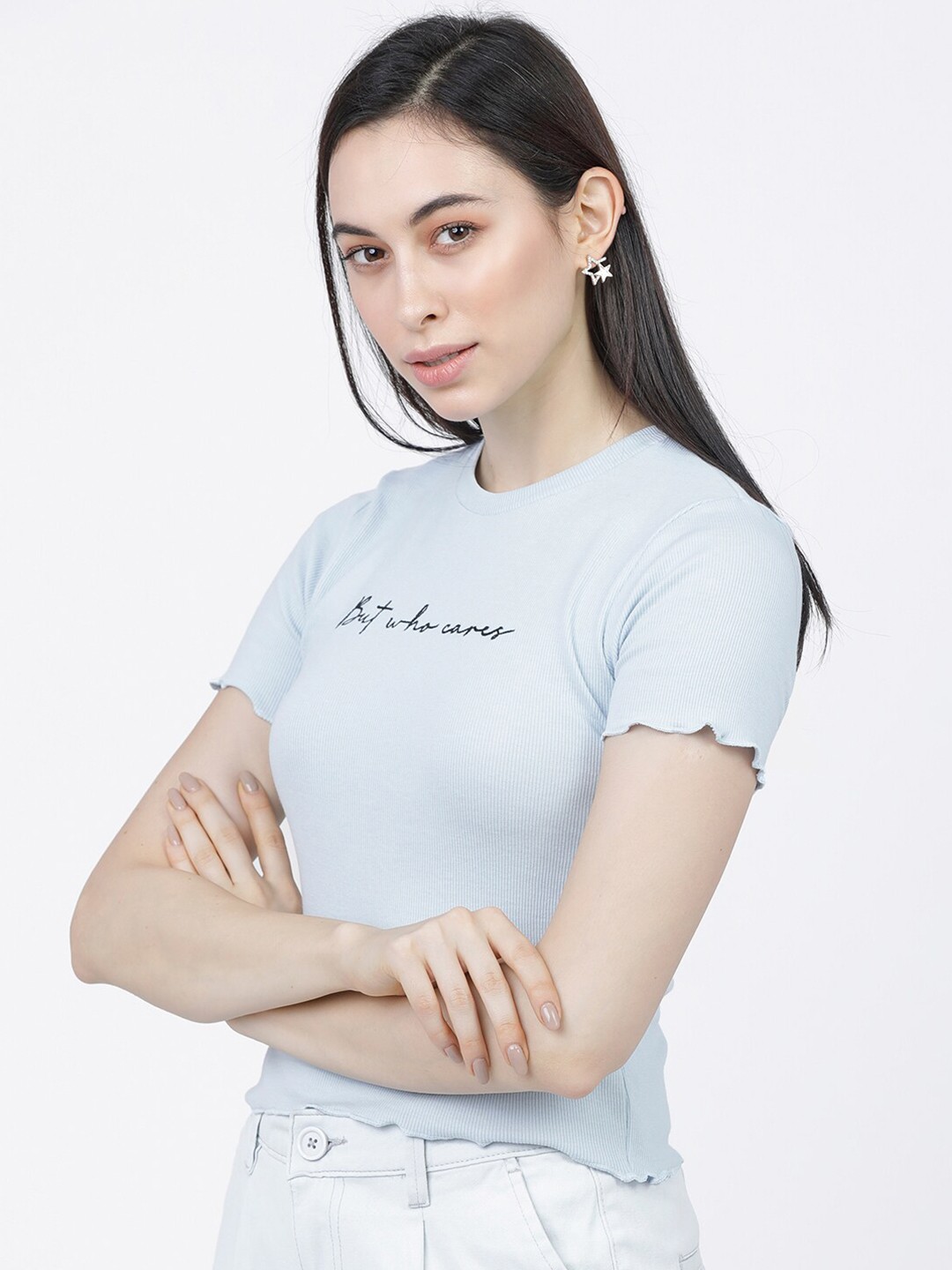 

Tokyo Talkies Women Blue Typography Printed Fitted Top