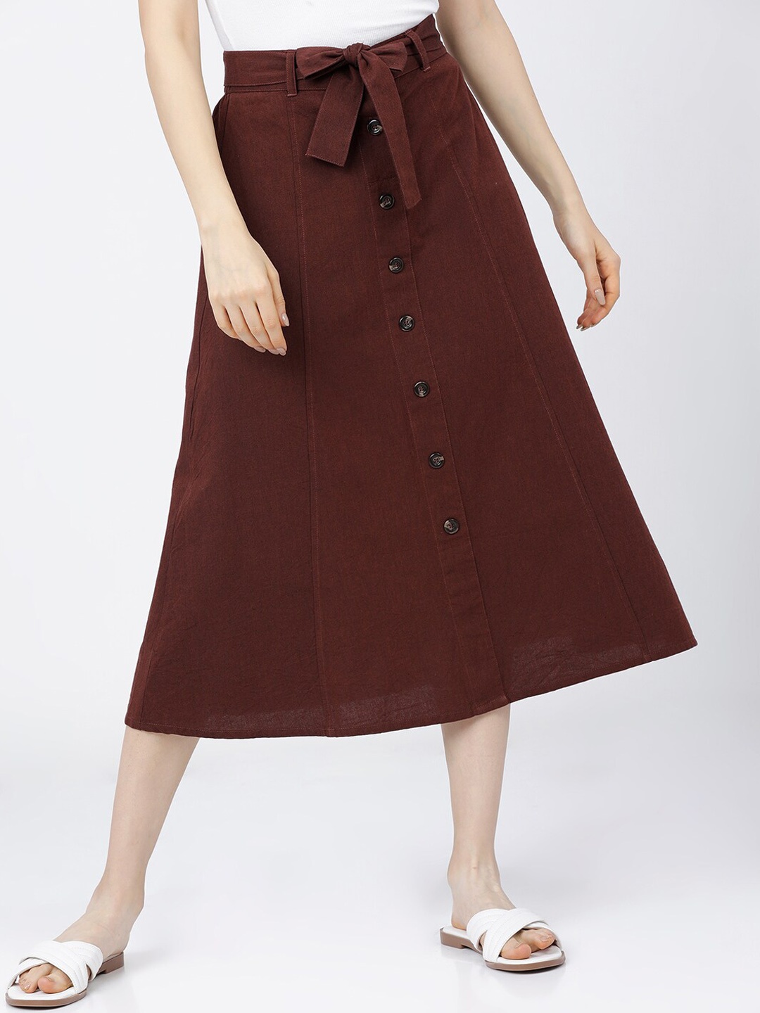 

Basics By Tokyo Talkies Women Maroon Solid Cotton A-Line Midi Skirt