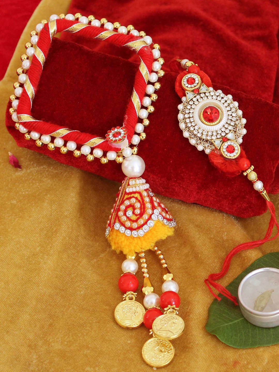 

TIED RIBBONS Red & White Brother & Bhabhi Lumba Rakhi Gift Set