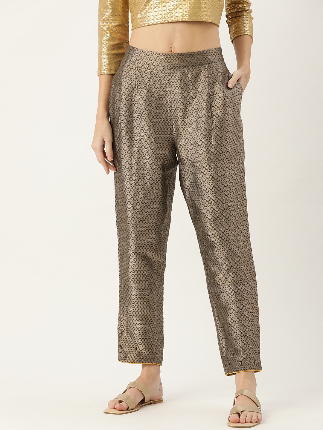 

Ancestry Women Black & Golden Ethnic Motifs High-Rise Cigarette Trousers