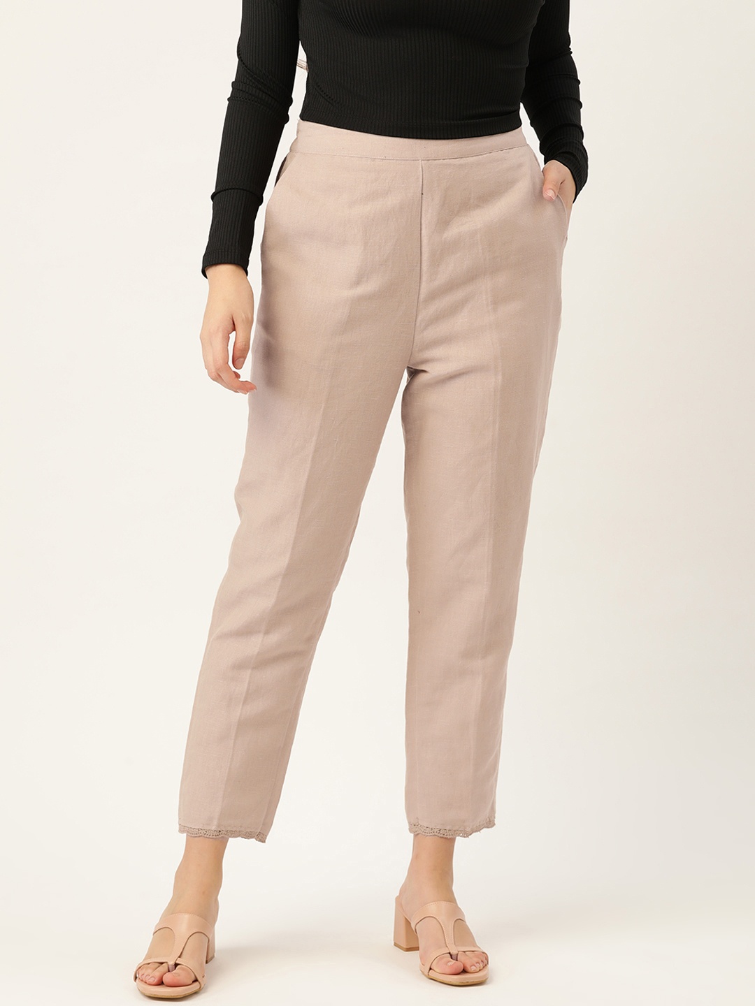 

Ancestry Women Beige Pure Cotton Solid Cropped Cigerette Trousers