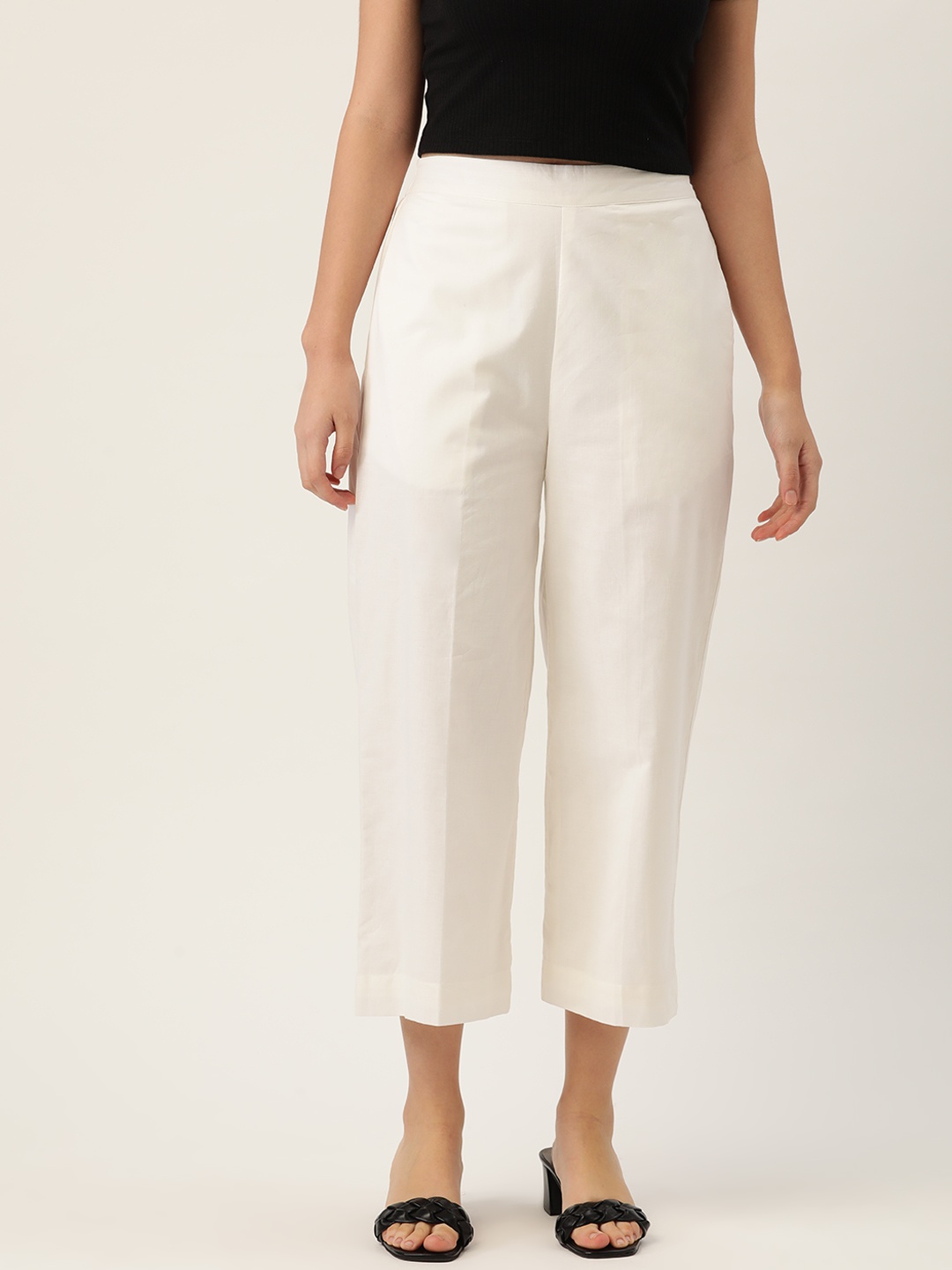 

Ancestry Women White Pure Cotton Solid Cropped Trousers