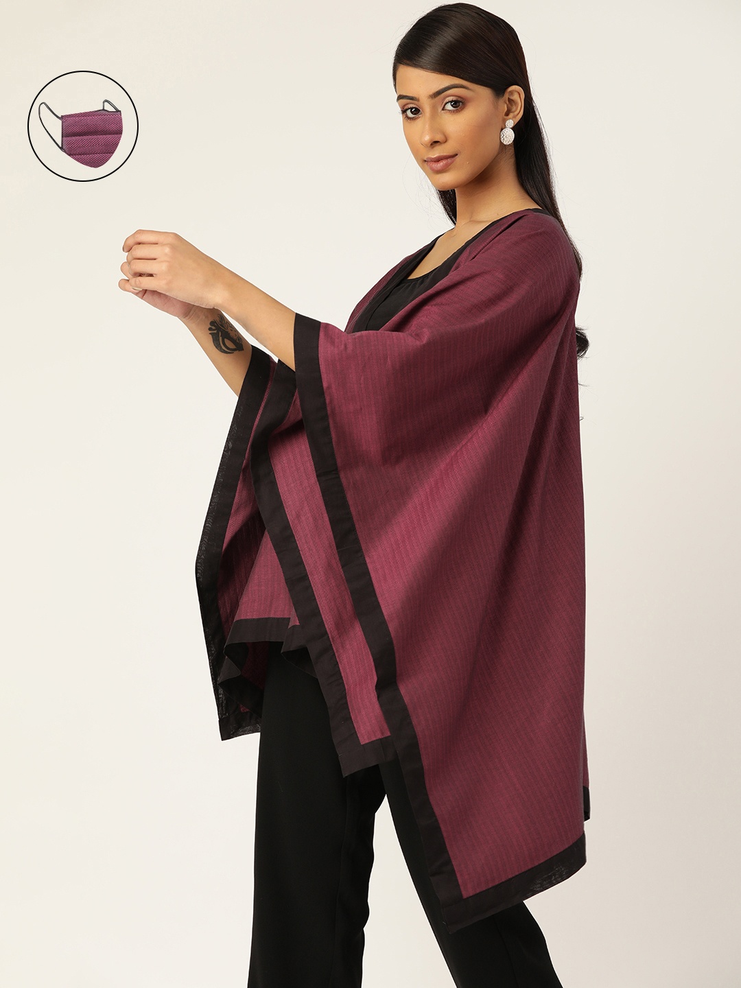 

Ancestry Women Burgundy & Black Self-Striped Poncho with Face Mask