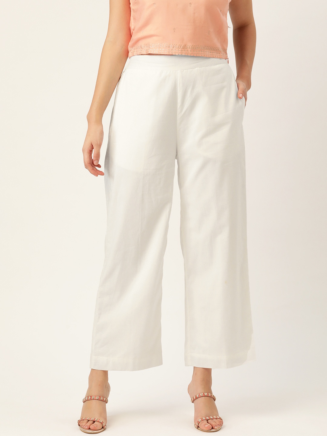

Ancestry Women White Solid Pure Cotton High-Rise Parallel Trousers