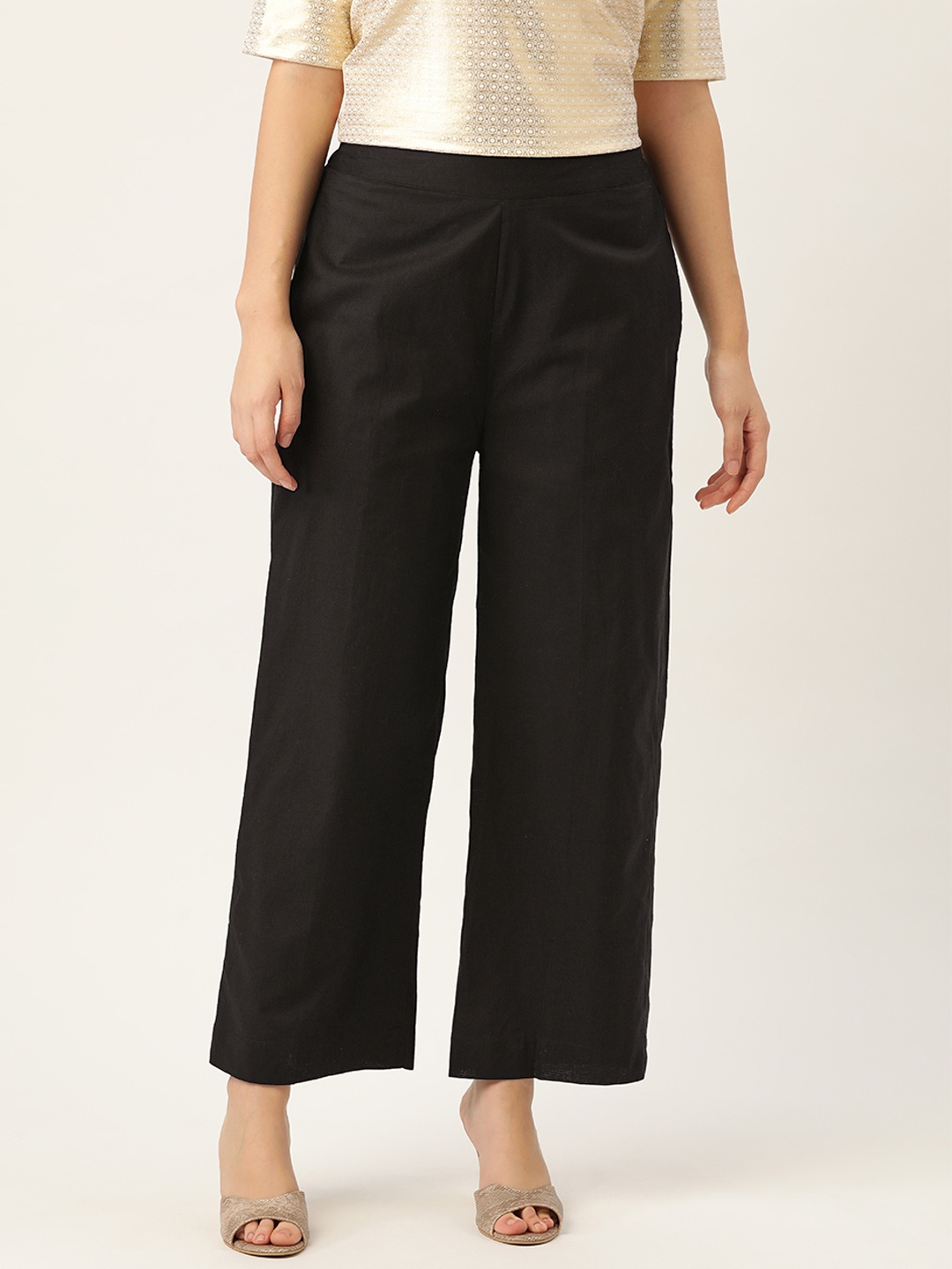 

Ancestry Women Black Pure Cotton Solid Straight Trousers