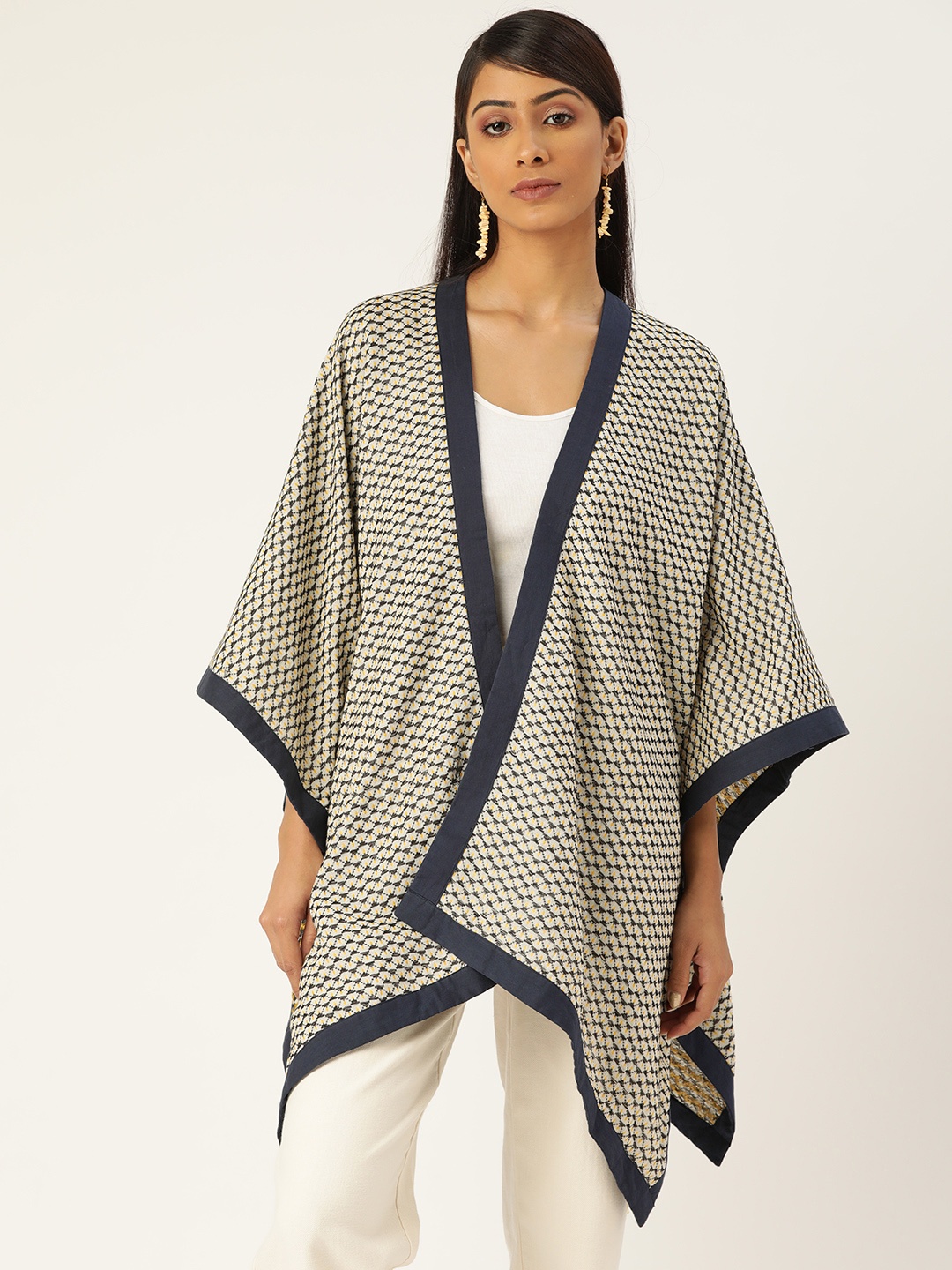 

Ancestry Women Off White & Navy Blue Jacquard Self-Design Poncho