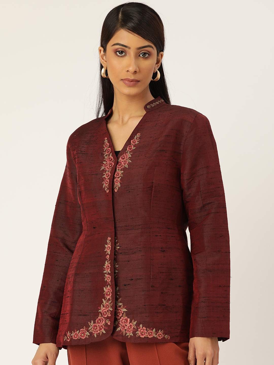 

Ancestry Women Maroon Embroidered Tailored Jacket