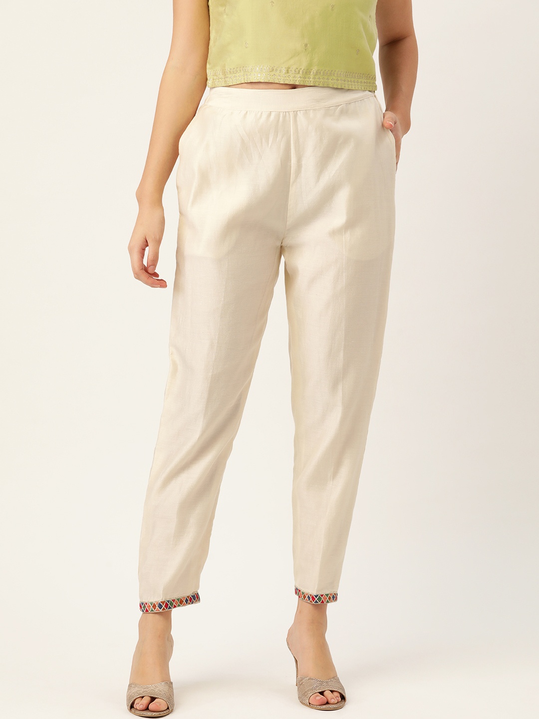 

Ancestry Women Cream-Coloured Solid High-Rise Cigarette Trousers