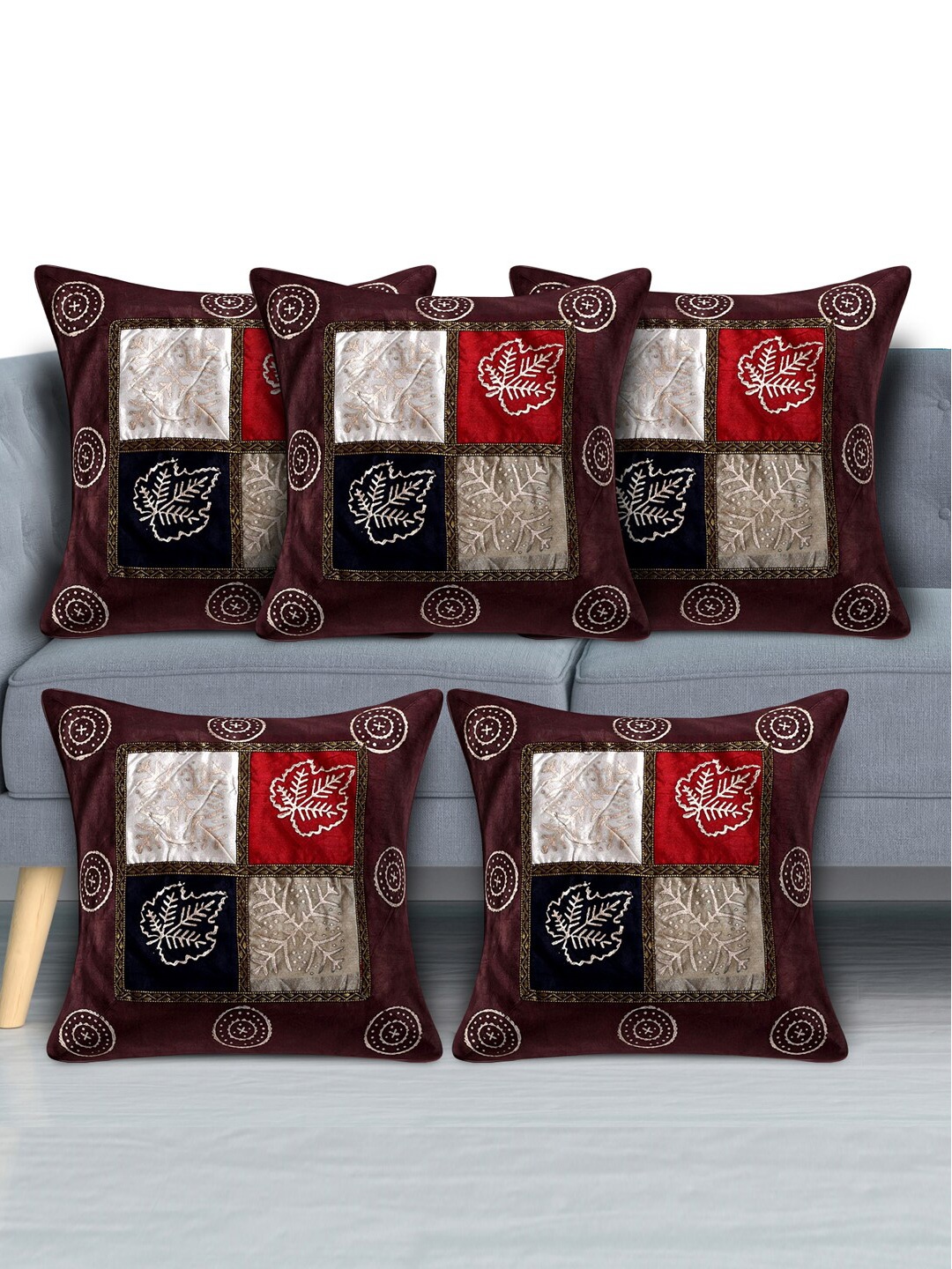 

Kuber Industries Brown & Red Set of 5 Ethnic Motifs Square Cushion Covers