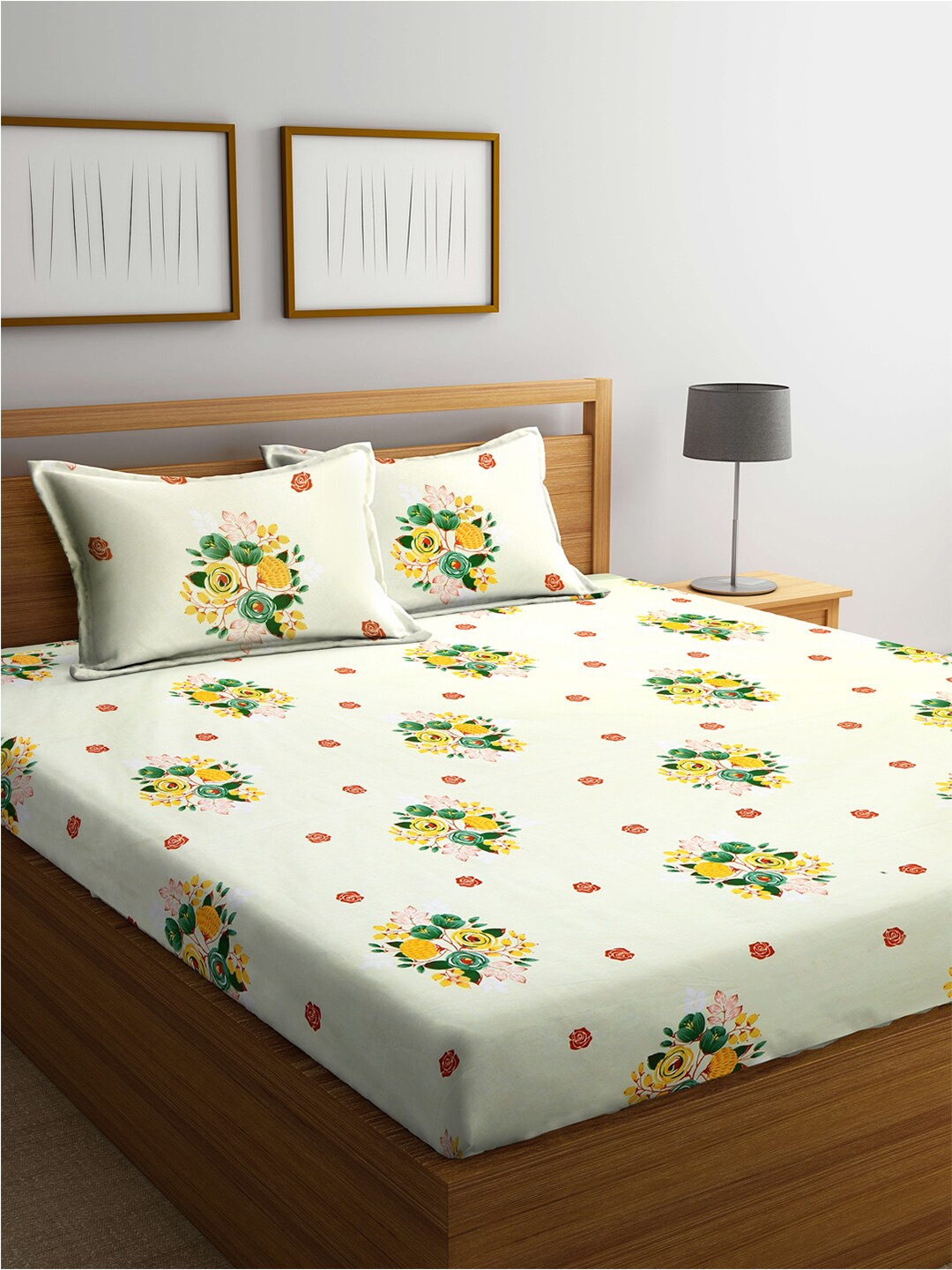 

KLOTTHE White & Yellow Floral 210 TC King Bedsheet with 2 Pillow Covers