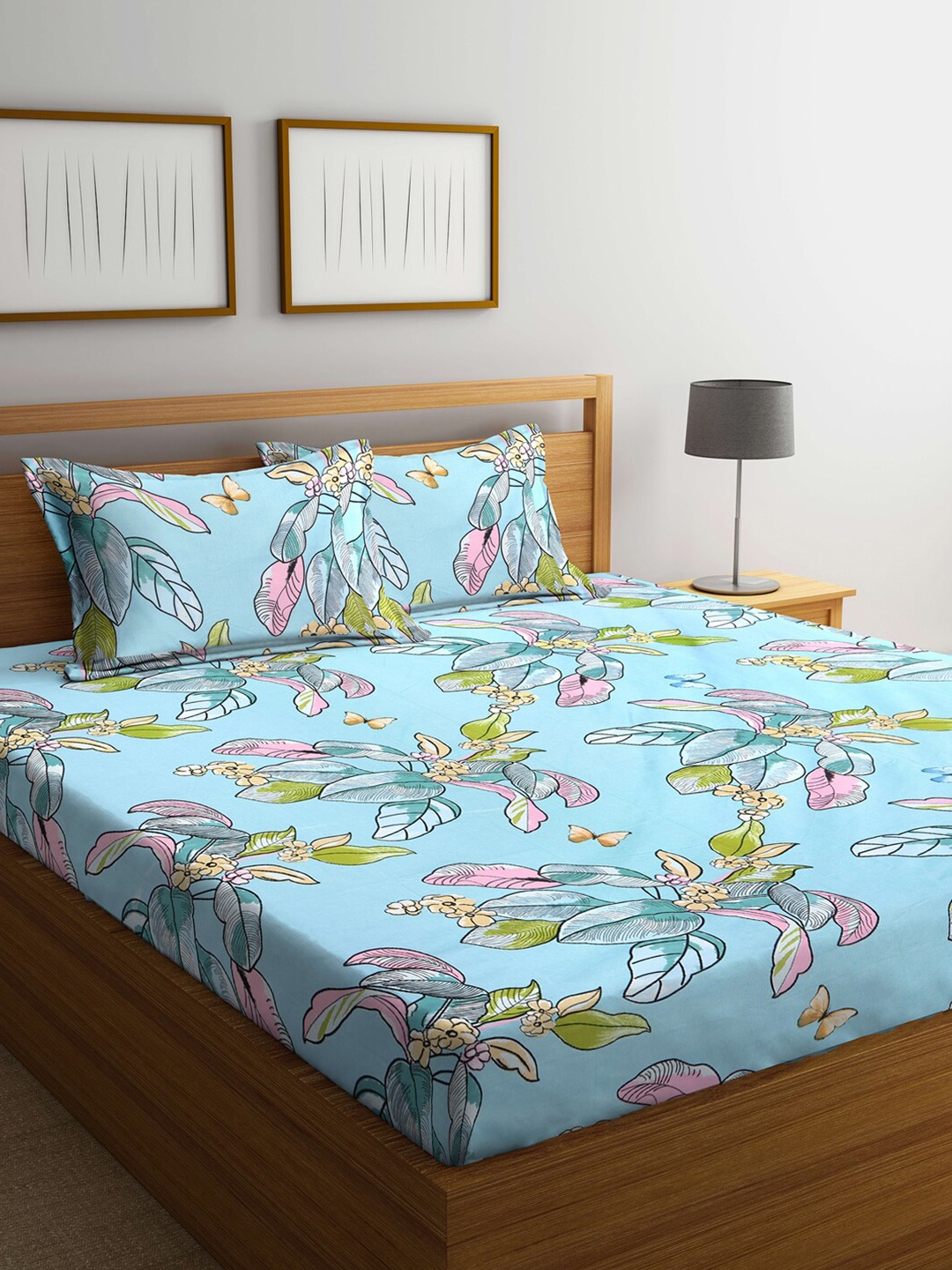 

KLOTTHE Blue & Pink Floral 210 TC King Bedsheet with 2 Pillow Covers