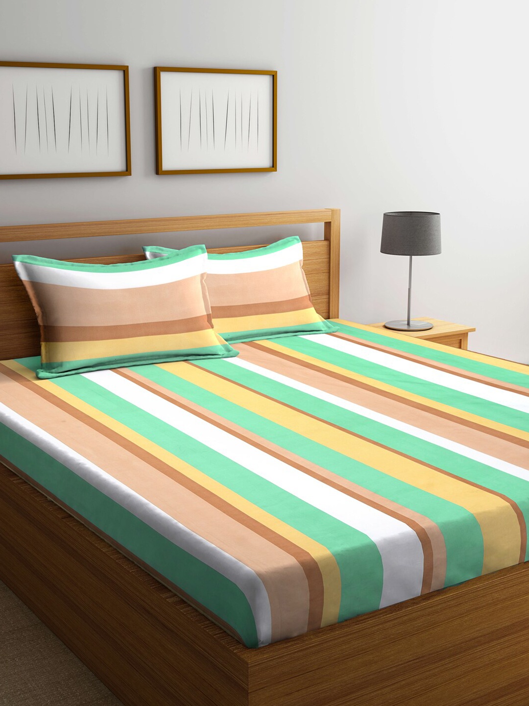 

KLOTTHE Green & Peach-Coloured Striped 210 TC King Bedsheet with 2 Pillow Covers