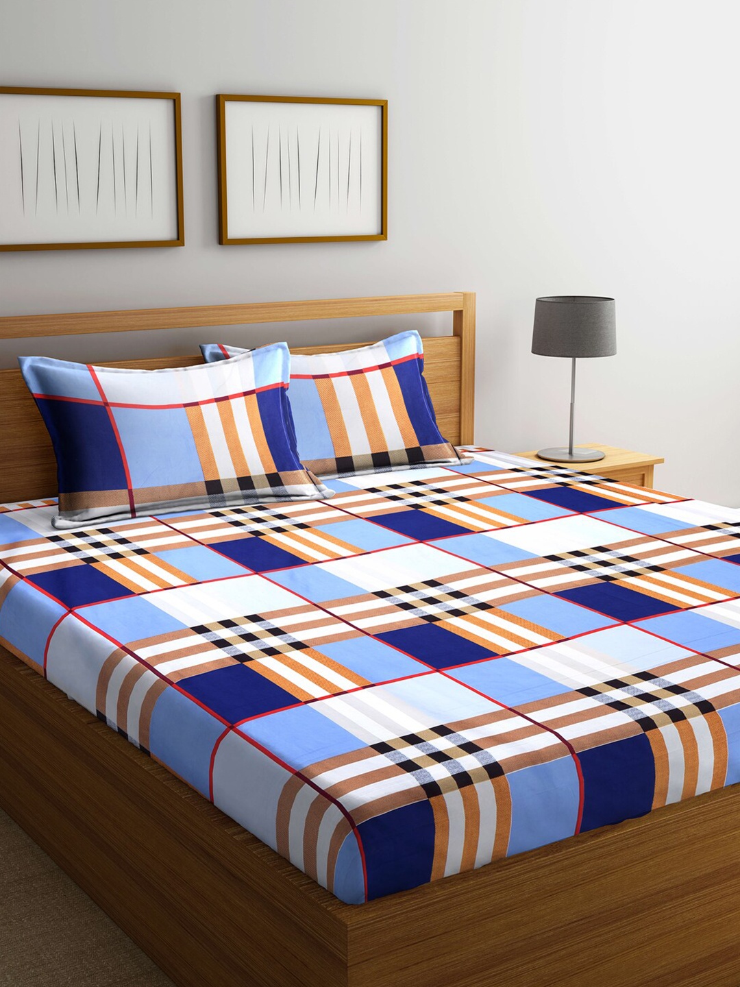 

KLOTTHE Blue & White Geometric 300 TC King Bedsheet with 2 Pillow Covers