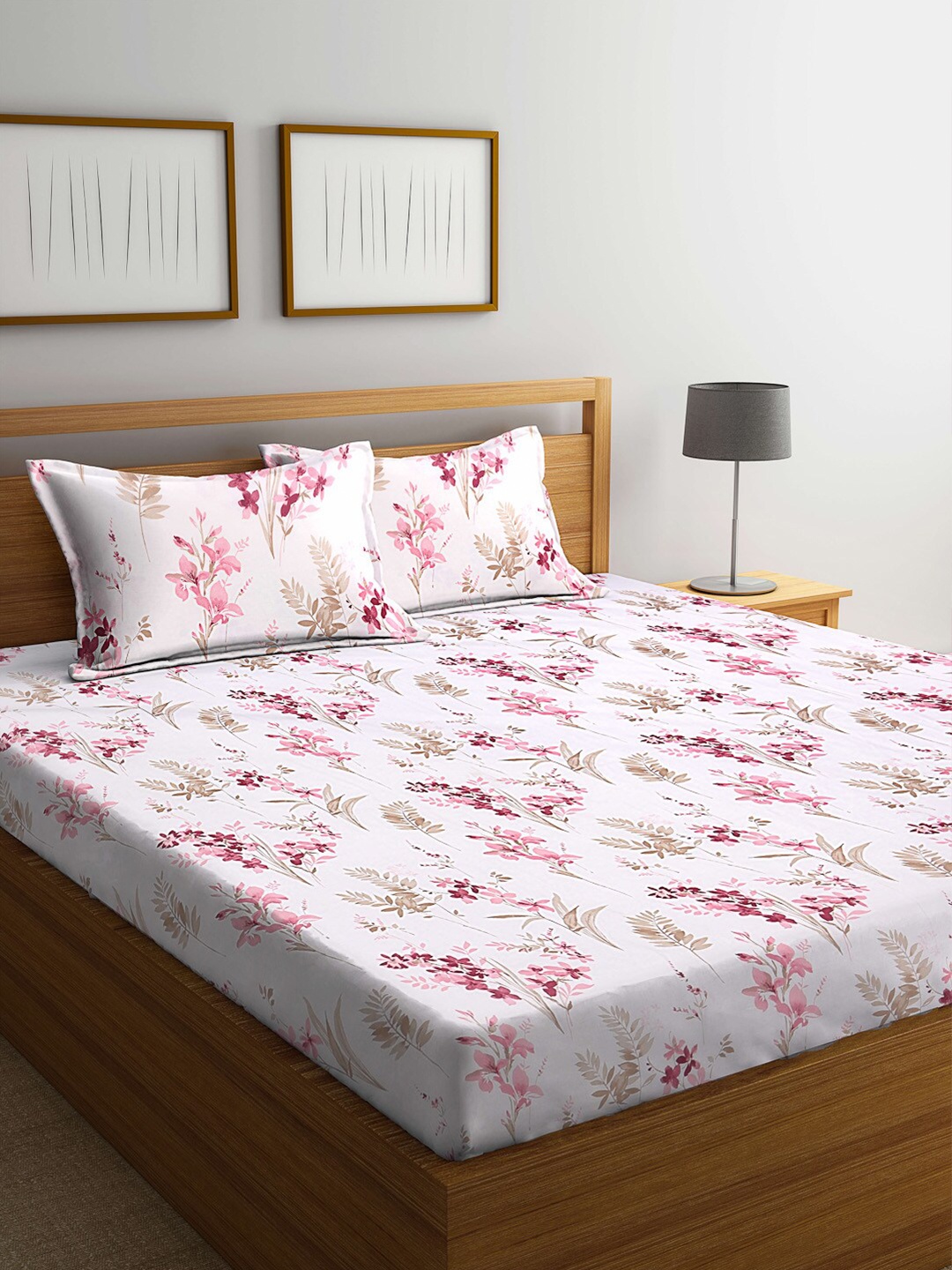 

KLOTTHE White & Magenta Floral 210 TC Pure Cotton King Bedsheet with 2 Pillow Covers