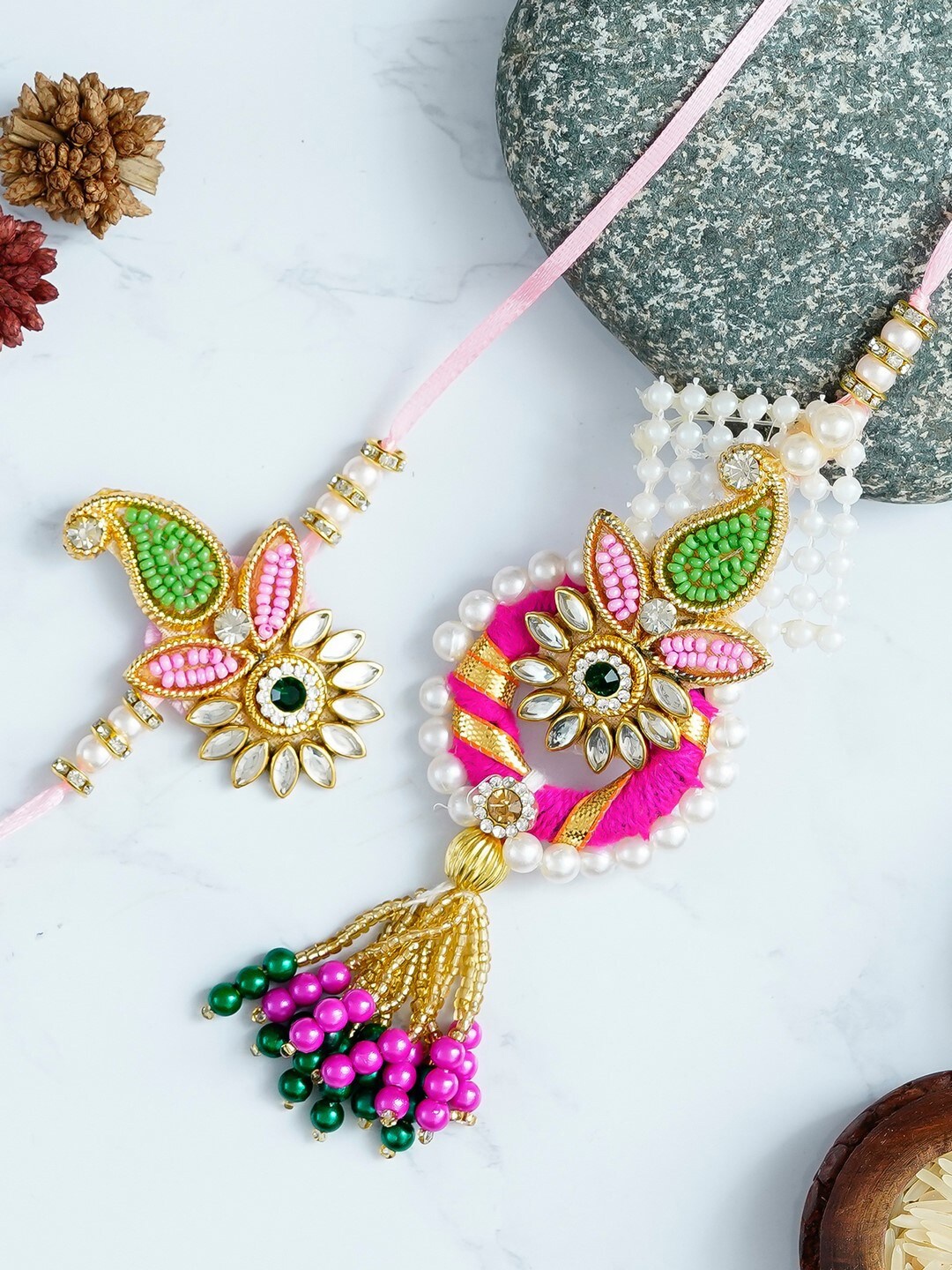 

eCraftIndia Unisex Bhaiya Bhabhi Rakhi With Roli Chawal, Pink