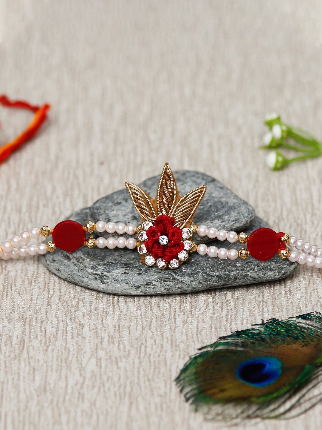 

eCraftIndia Unisex Pearls Rakhi & Roli Chawal With Best Wishes Greeting Card, Gold