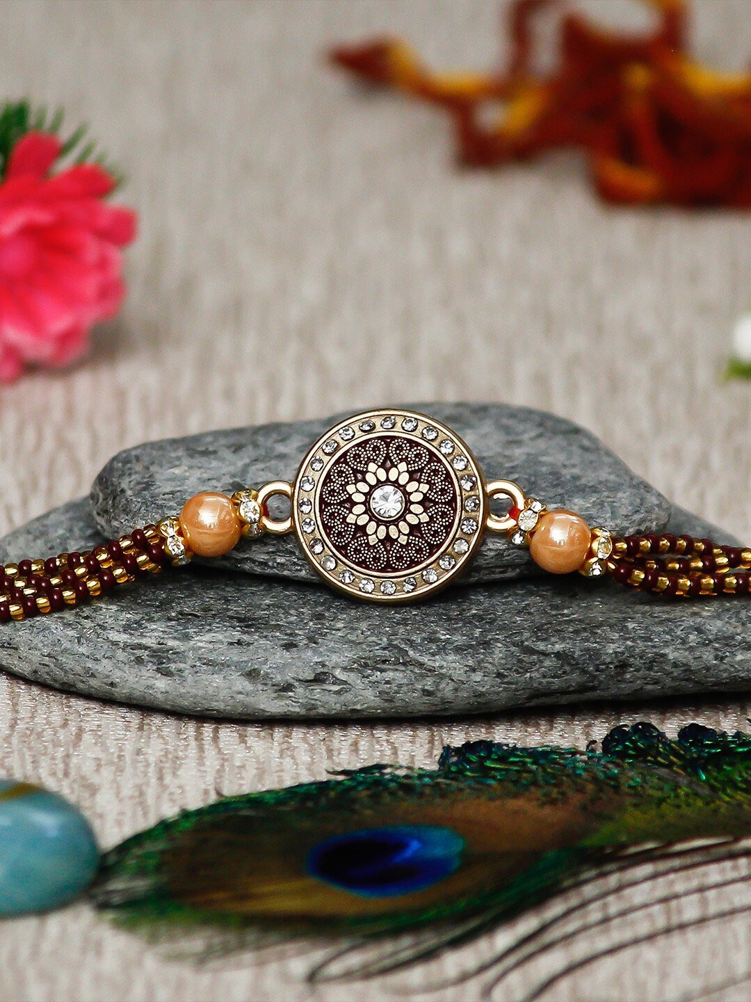 

eCraftIndia Stone Studded & Beaded Rakhi With Roli Chawal & Greeting Card, Gold