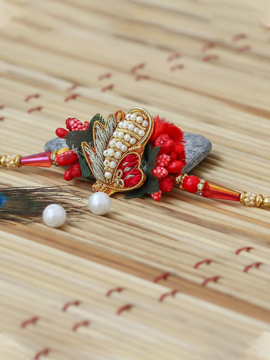 

eCraftIndia Stone and Artificial Beads Rakhi & Roli Chawal Greeting Card, Red