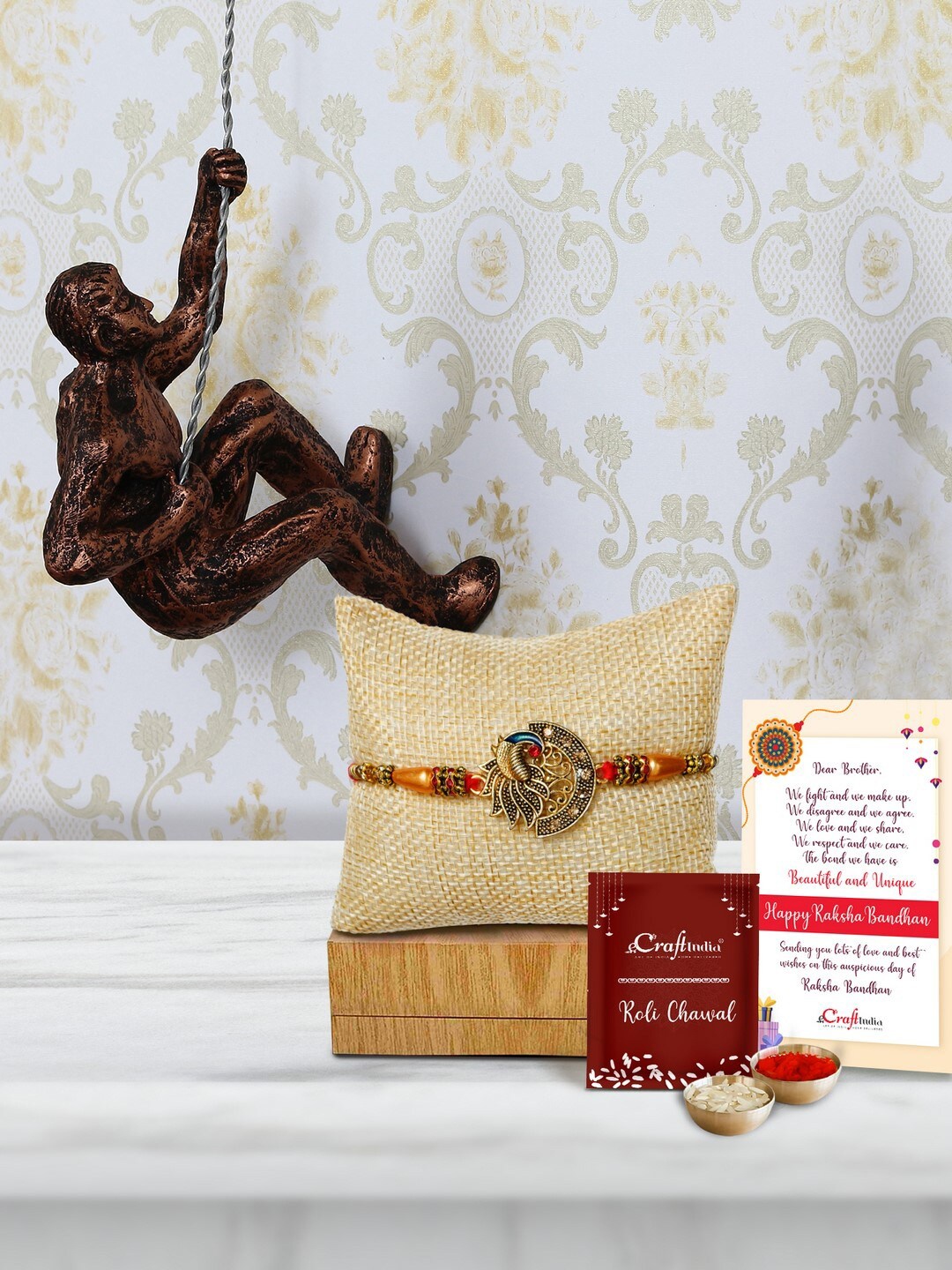 

eCraftIndia Set Of 3 Stone Studded Rakhi With Idol & Roli Chawal Greeting Card Gift Set, Gold