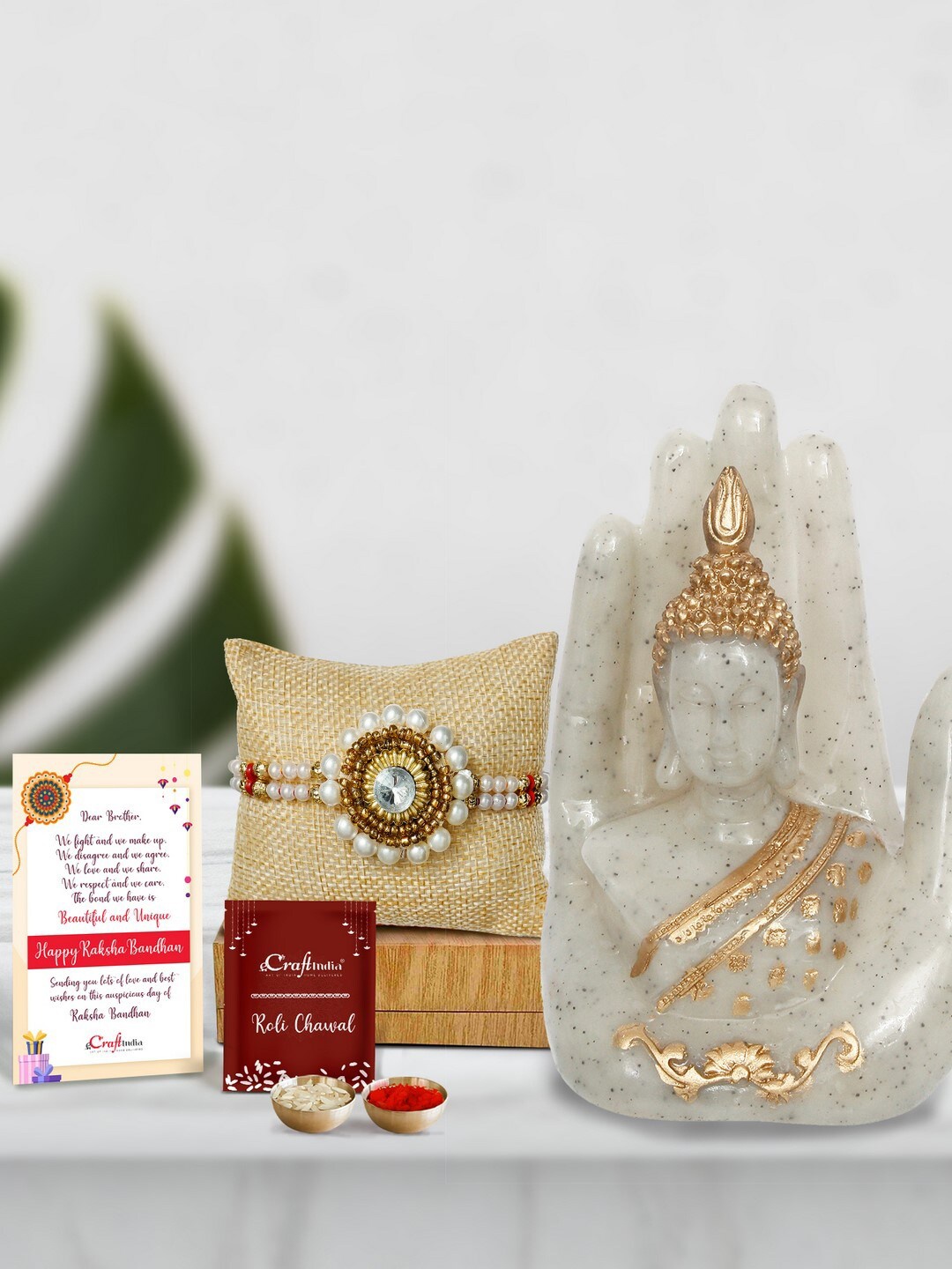

eCraftIndia Set Of 3 Stone Studded Rakhi With Buddha & Roli Chawal Greeting Card Gift Set, White