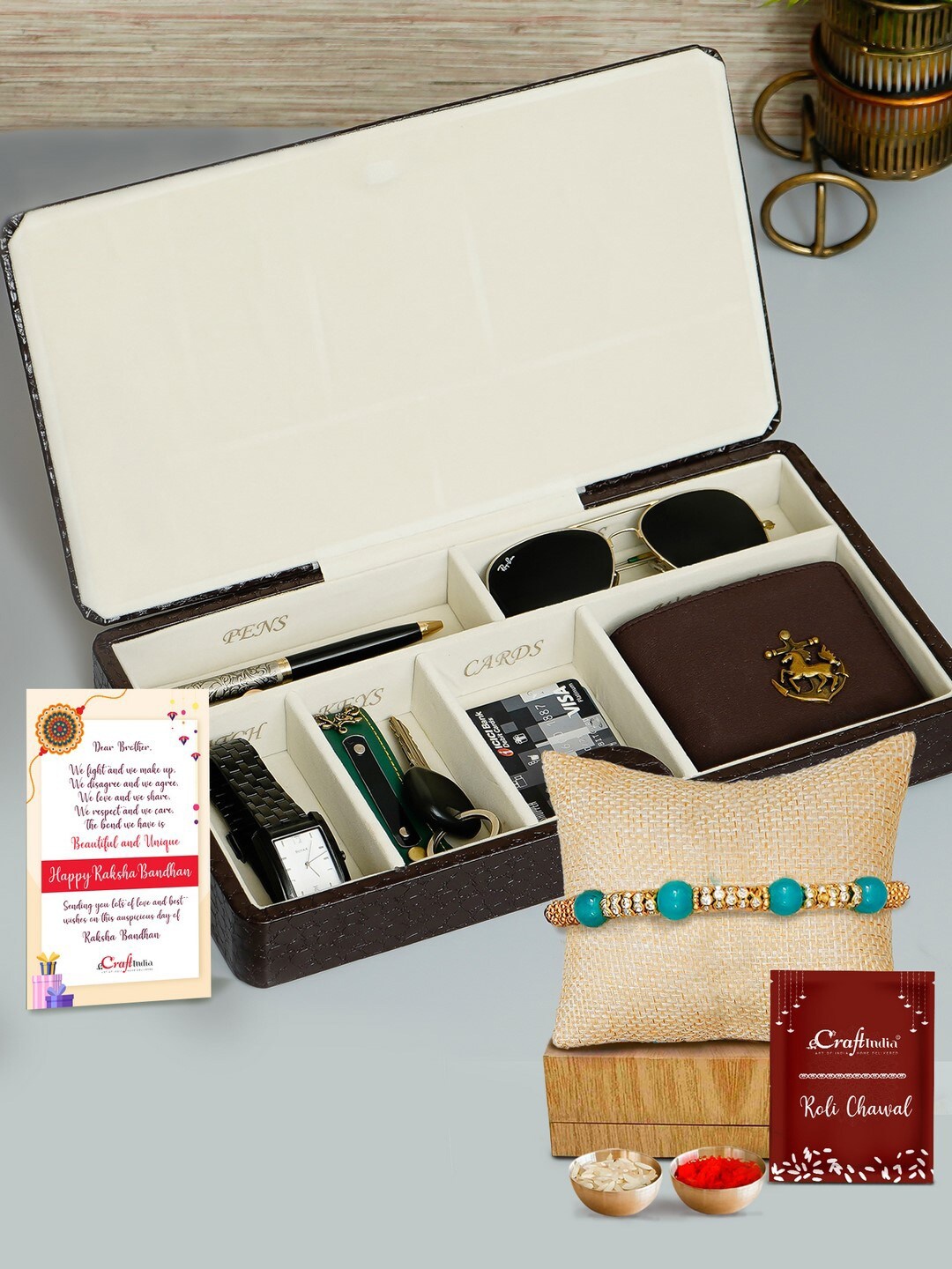 

eCraftIndia Gold-Toned & Sea Green Rakhi Gift Set