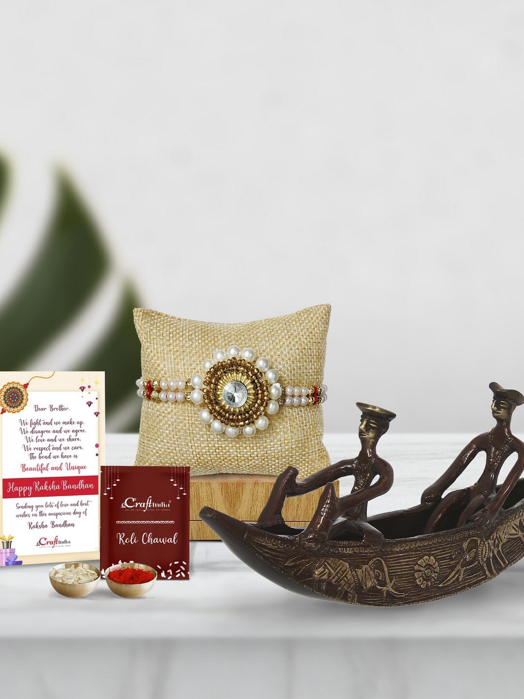 

eCraftIndia Stone Pearl Rakhi , Antique Brass Decorative Showpiece & Roli Chawal, Card, Multi