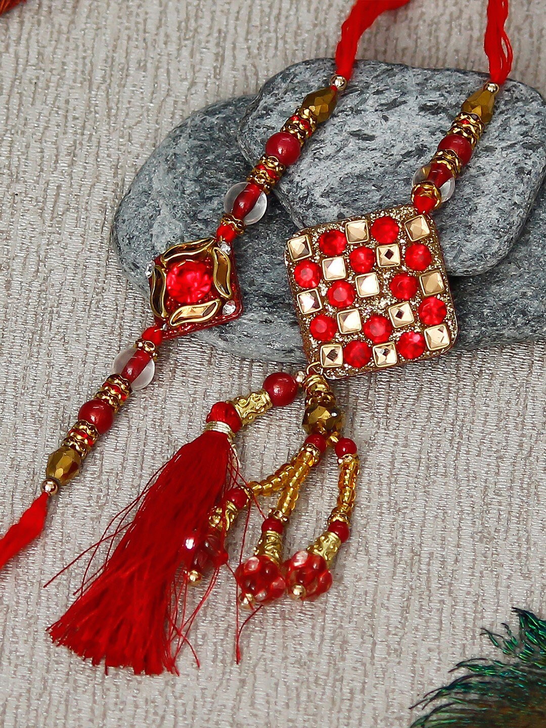 

eCraftIndia Beaded Bhaiya Bhabhi Rakhi and Roli Chawal Pack, Gold