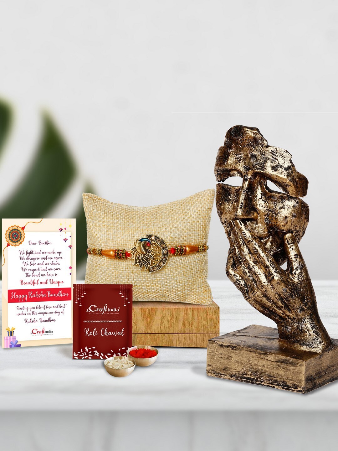 

eCraftIndia Peocock Rakhi With Handcrafted Polyresin Face Showpiece and Roli Chawal, Card, Orange