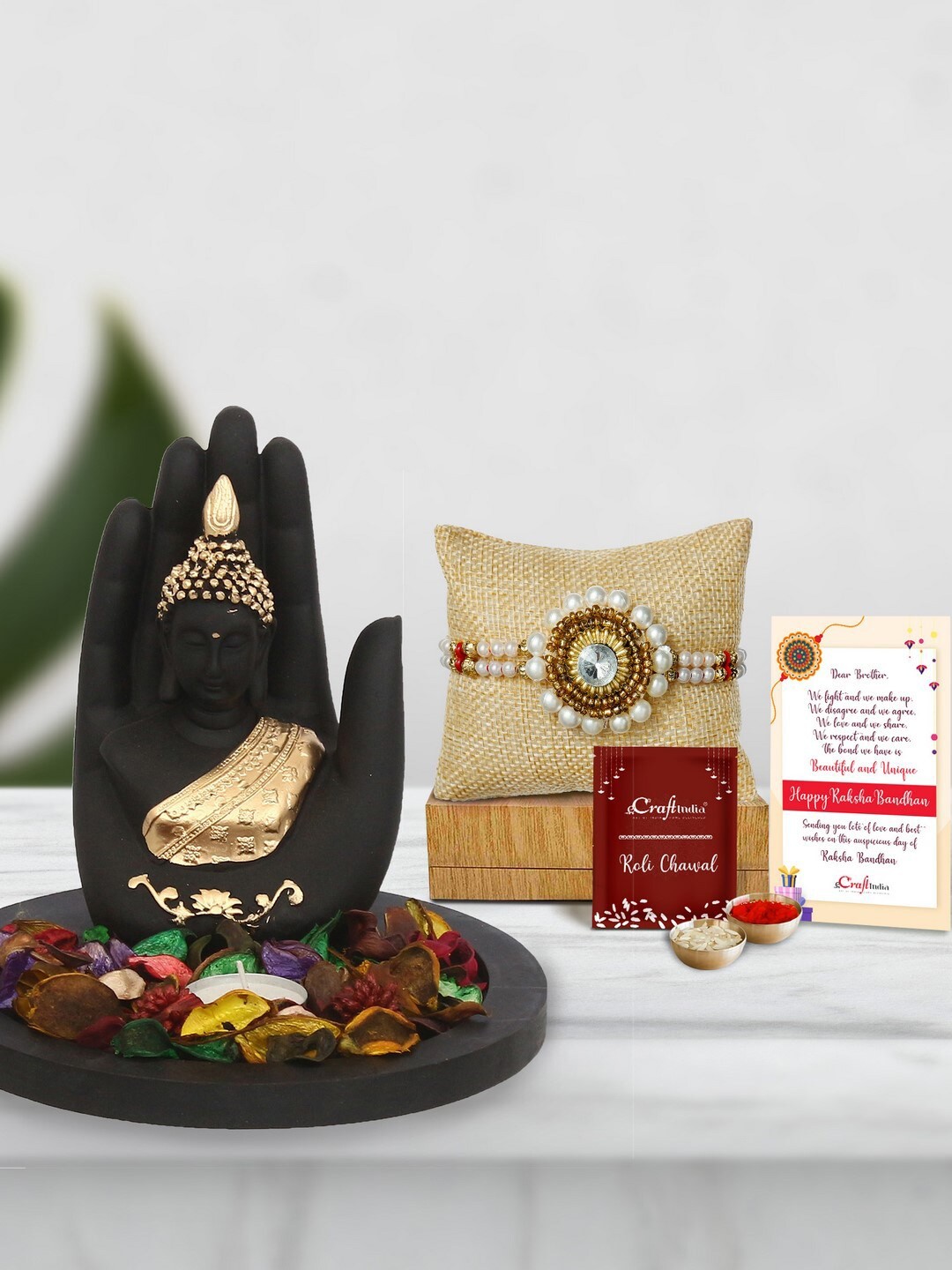 

eCraftIndia Gold-Toned & White Rakhi Gift Set