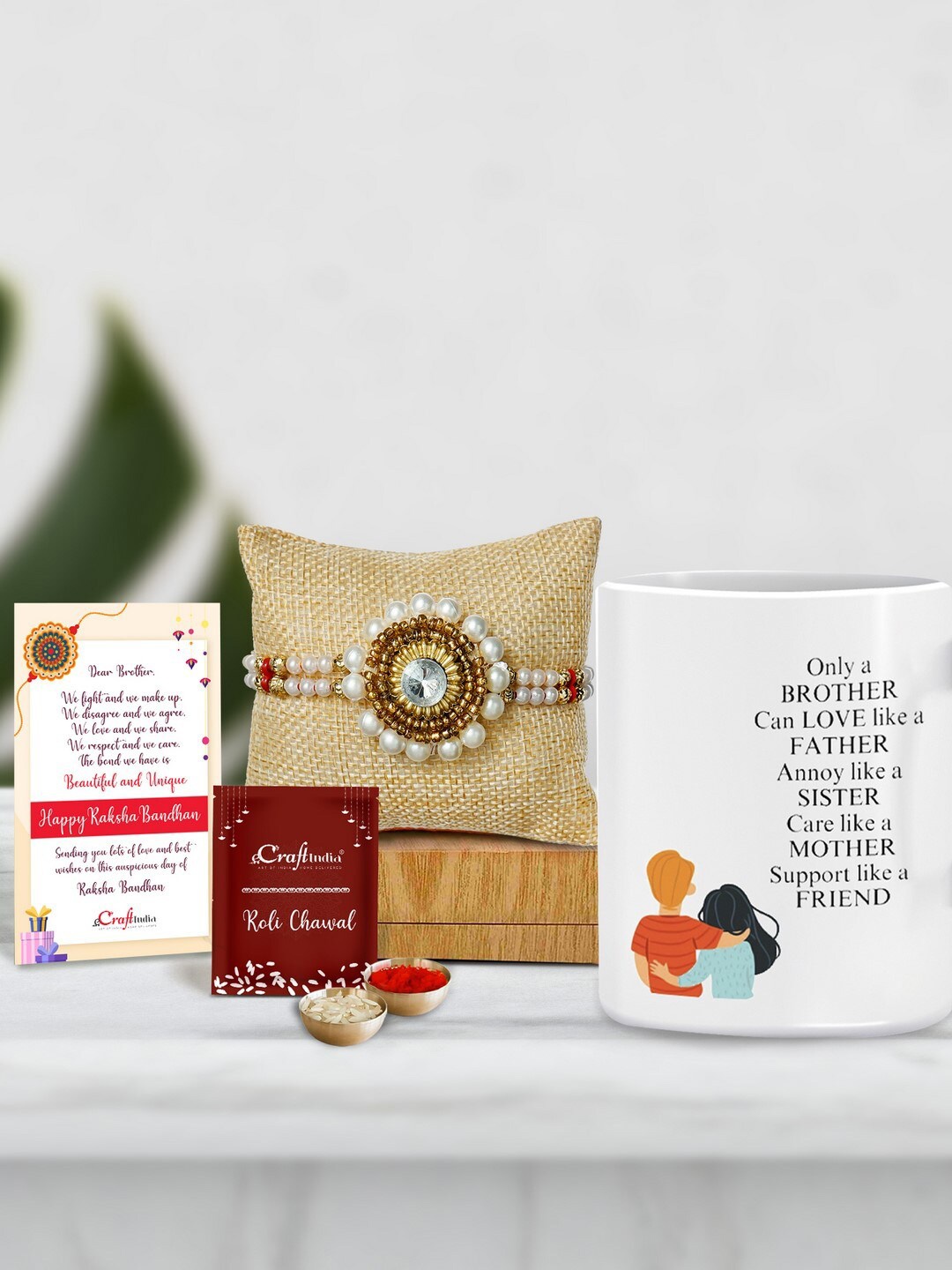 

eCraftIndia Unisex Stone Studded & Beaded Rakhi With Mug & Roli Chawal Greeting Card, White