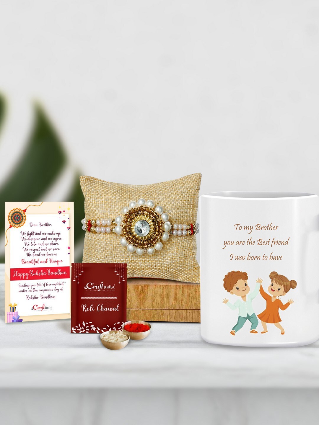 

eCraftIndia Set Of 2 Beads-Studded Rakhi With Mug & Roli Chawal Greeting Card Gift Set, Gold