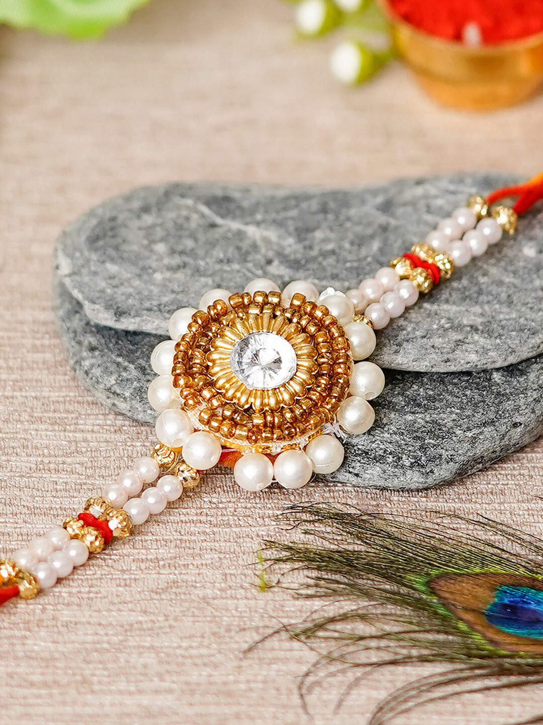 

eCraftIndia Unisex Stone and Pearl Rakhi, White