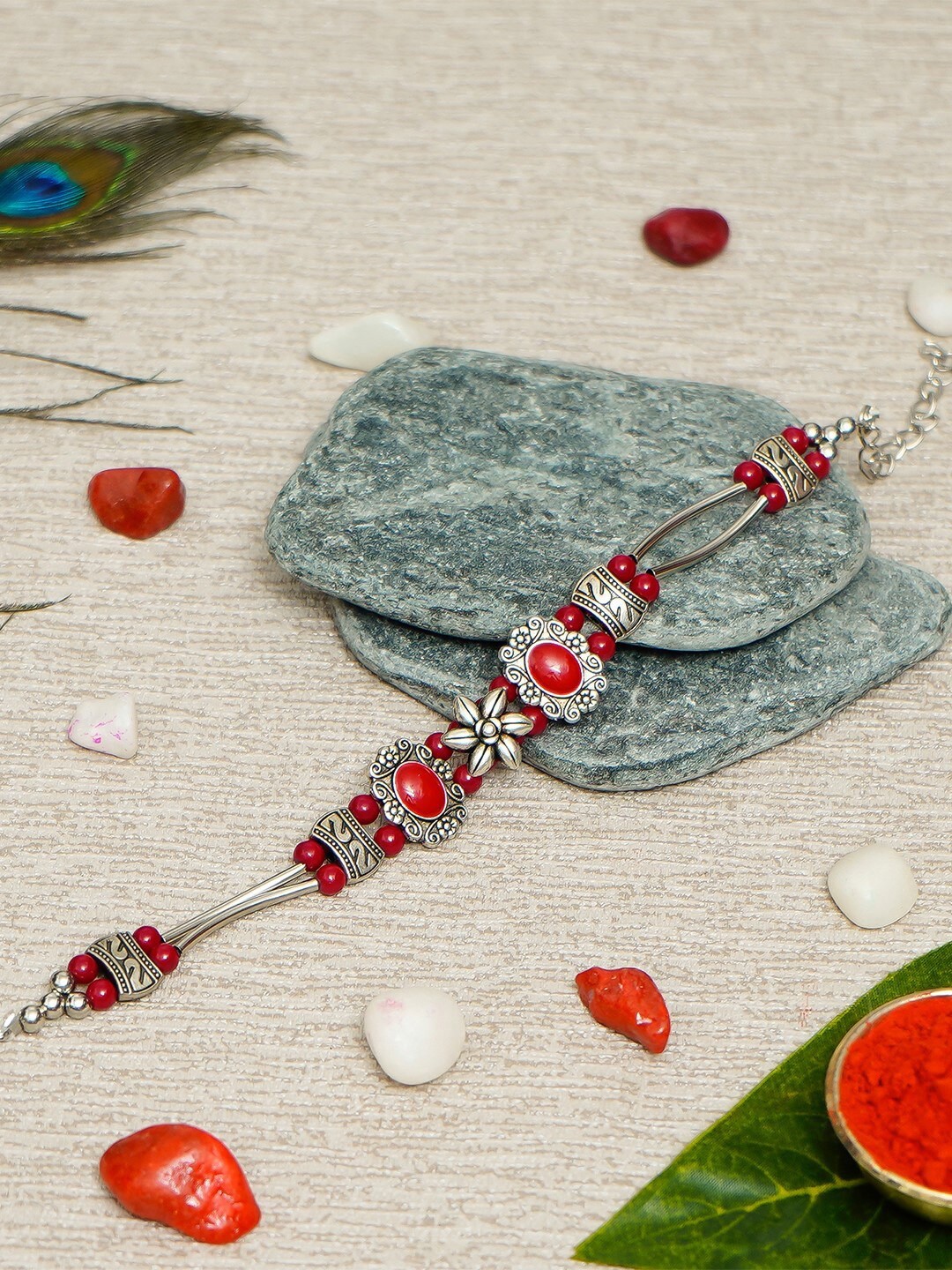 

eCraftIndia Unisex Studded Rakhi and Roli Chawal, Red