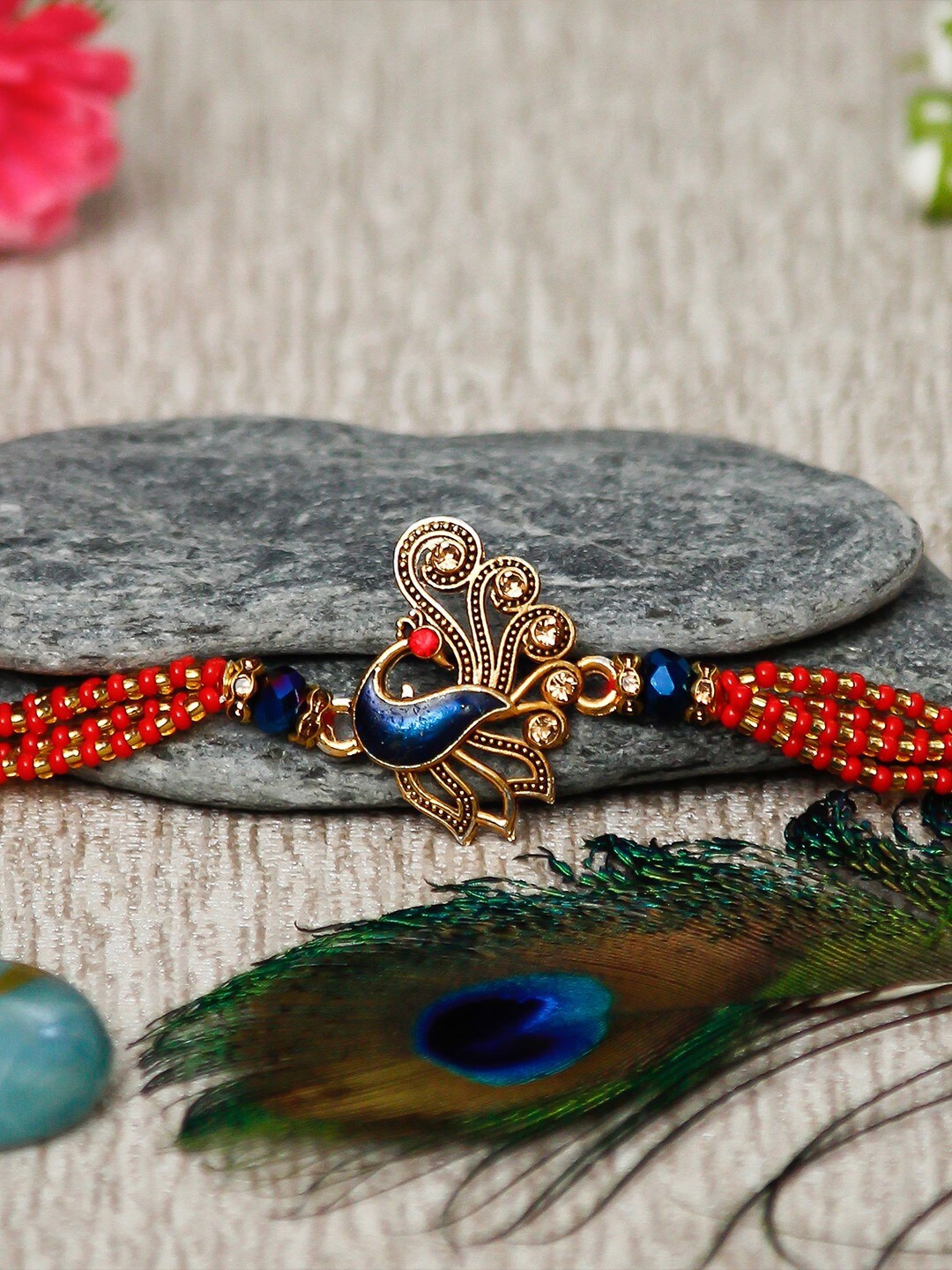 

eCraftIndia Unisex Peocock Rakhi & Roli Chawal Pack, Best Wishes Greeting Card, Red
